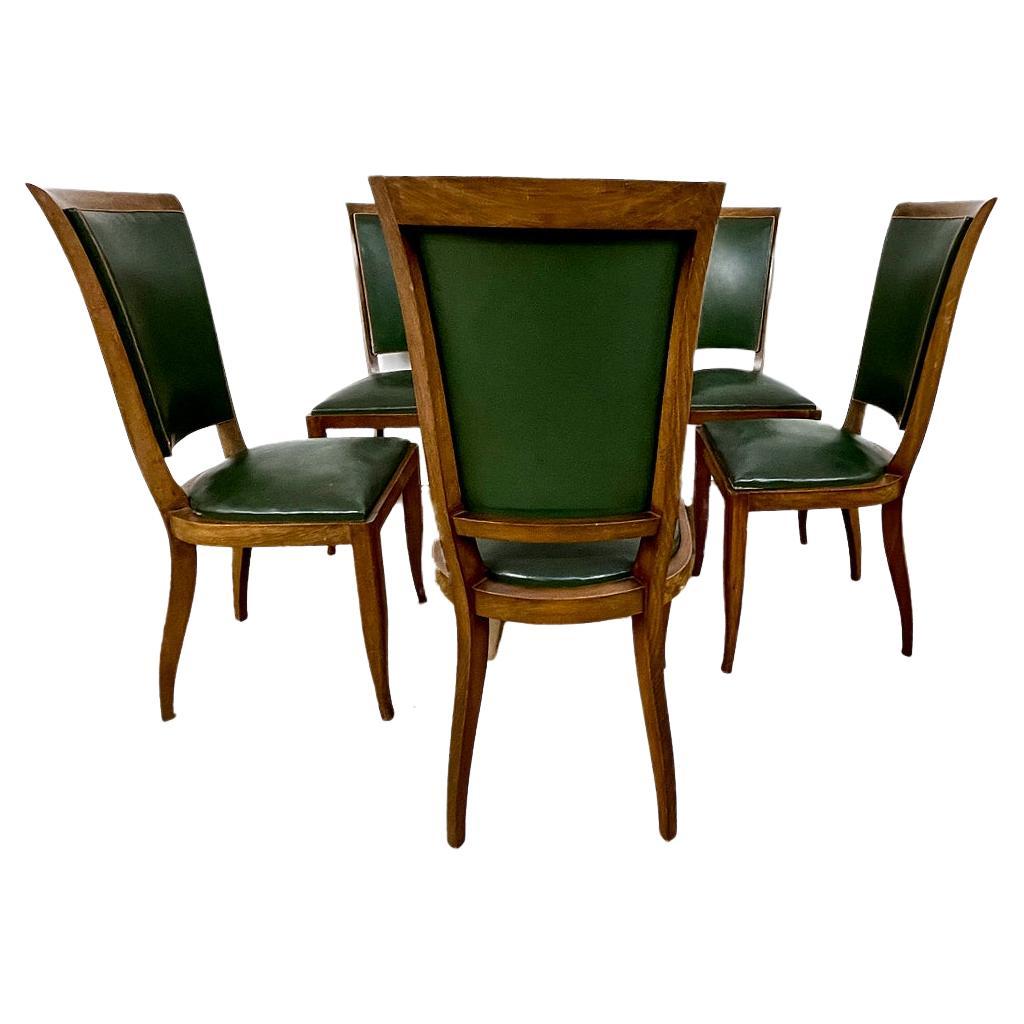 Art Deco Chairs with Green Leather from France Around 1930 For Sale