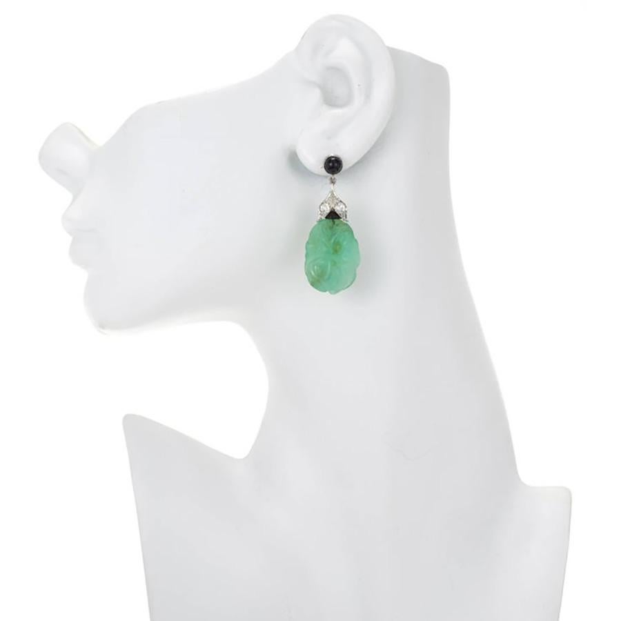 Art Deco Chalcedony Black Onyx Diamond Gold Dangle Earrings For Sale 1