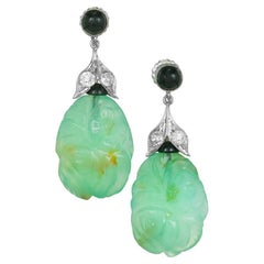 Art Deco Chalcedony Black Onyx Diamond Gold Dangle Earrings