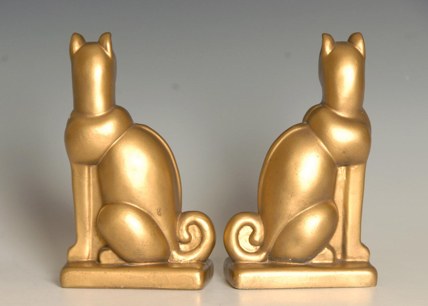 French Art Deco Chalkware Gold Cat Bookends For Sale
