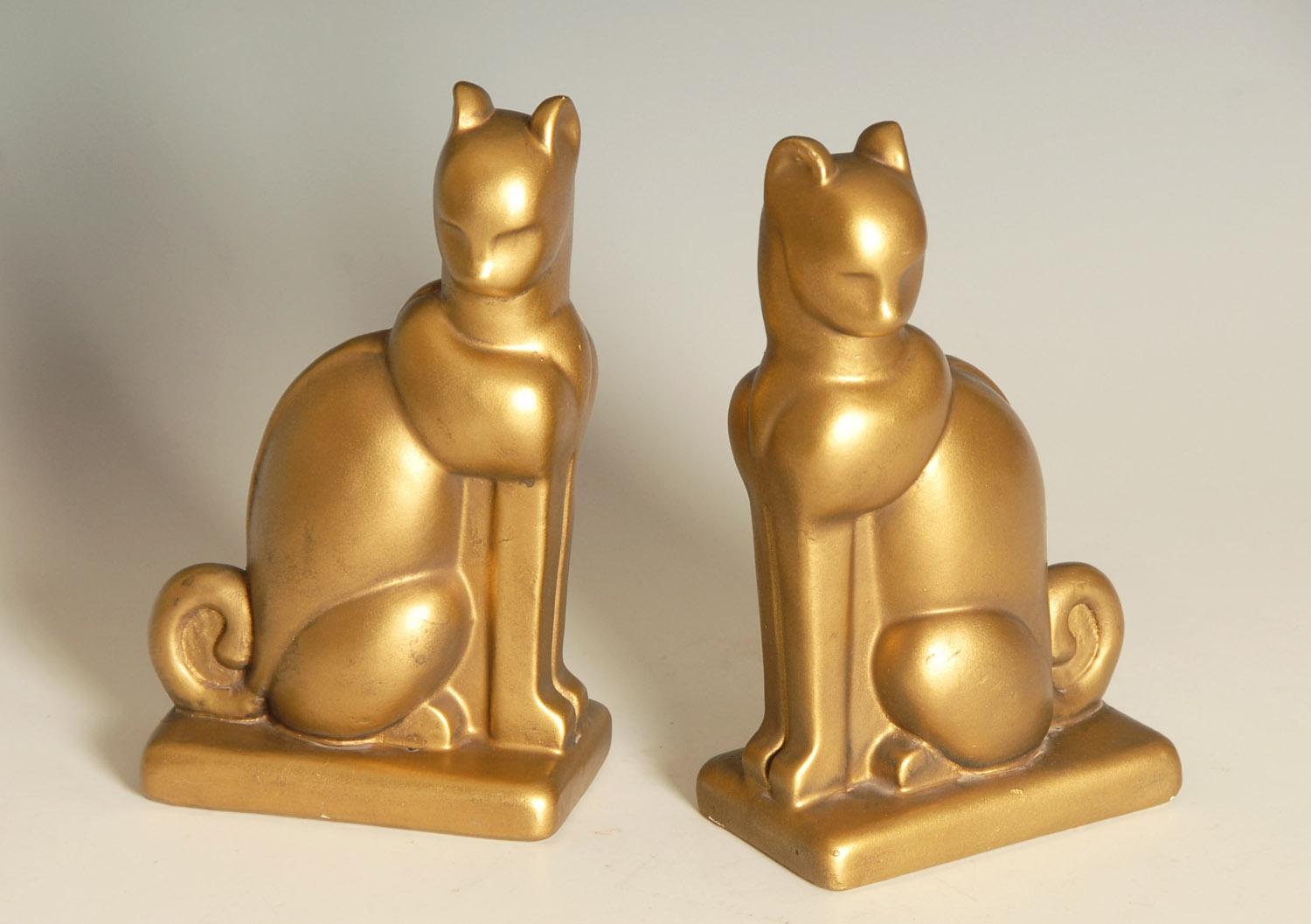 Art Deco Chalkware Gold Cat Bookends (Vergoldet) im Angebot