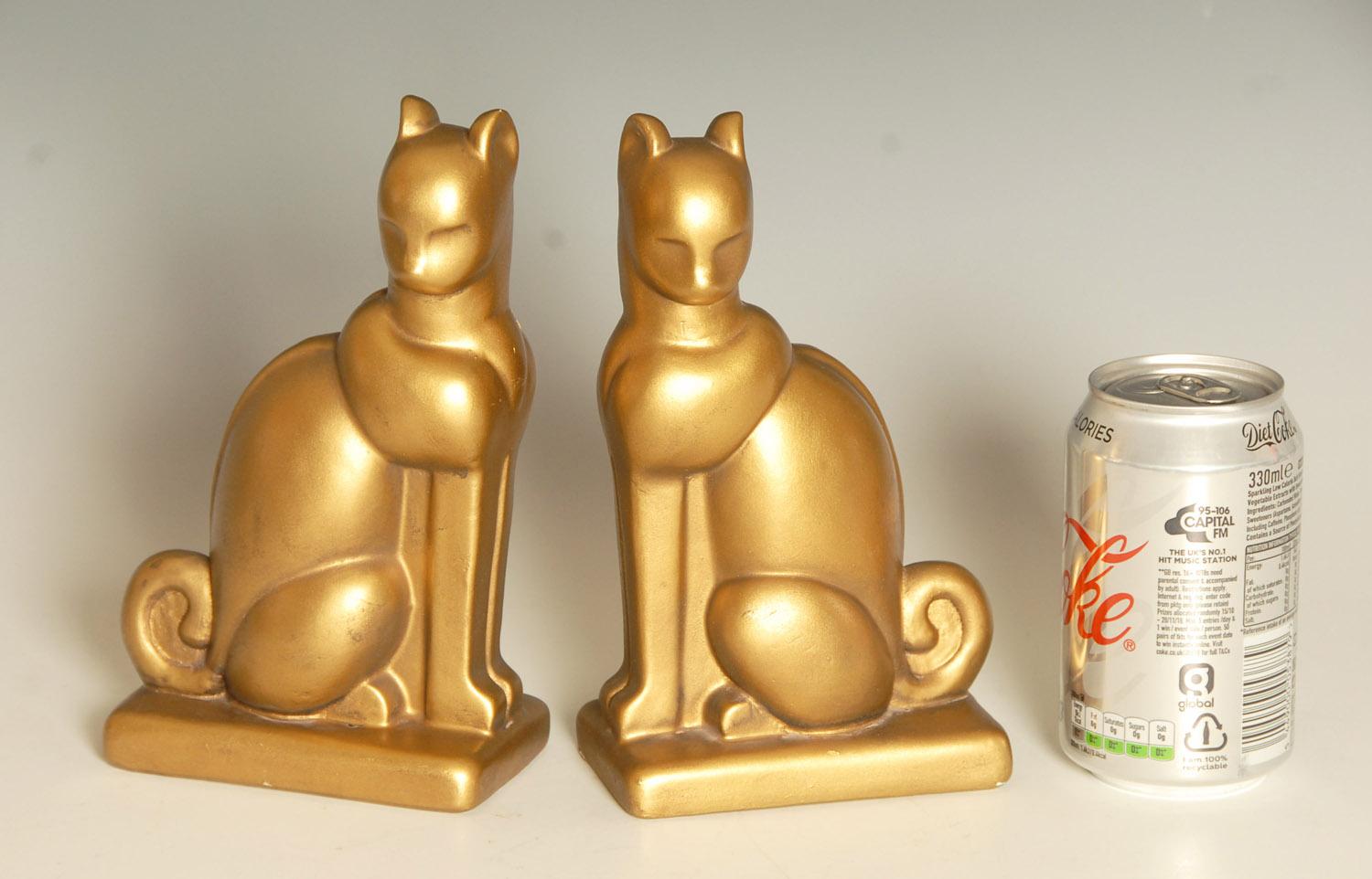 Art Deco Chalkware Gold Cat Bookends In Good Condition For Sale In Brighton, GB