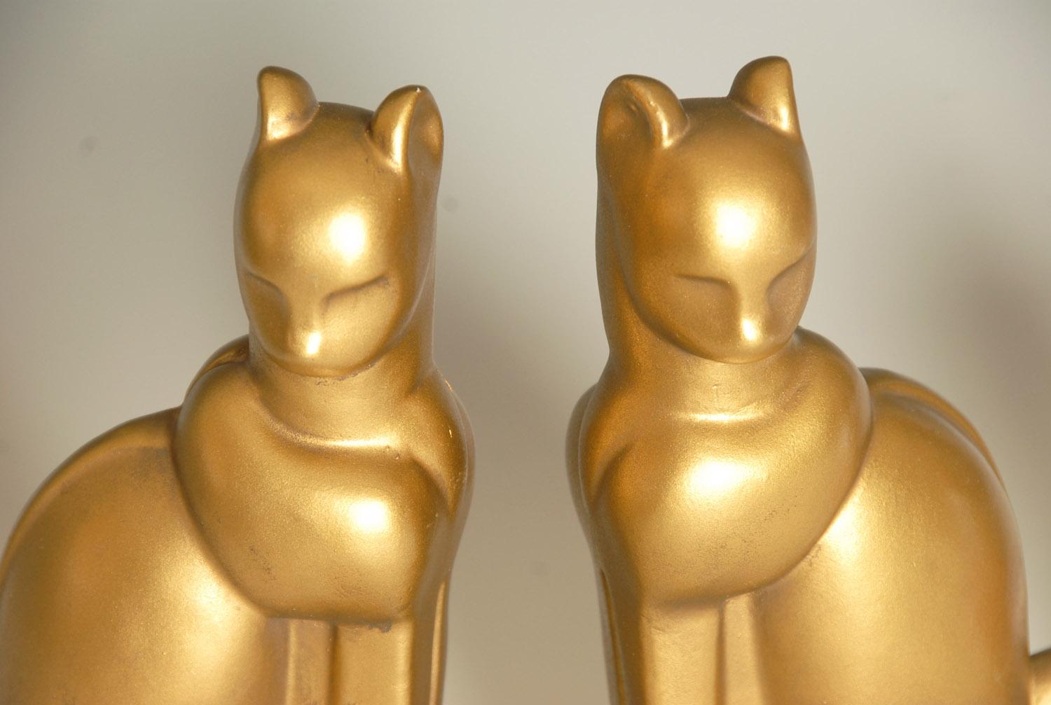 20th Century Art Deco Chalkware Gold Cat Bookends For Sale