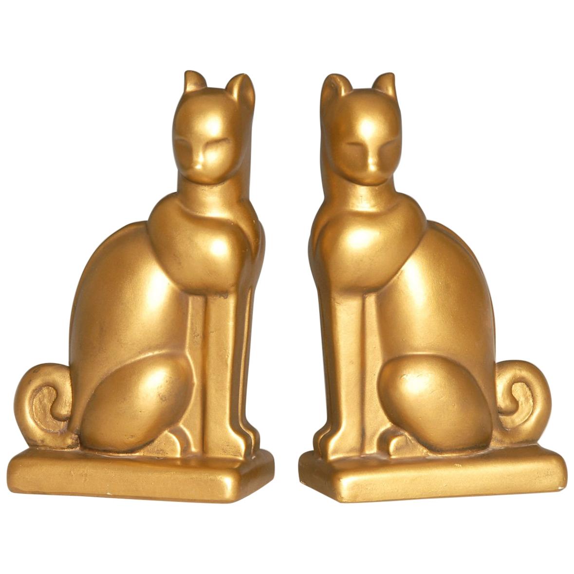 Art Deco Chalkware Gold Cat Bookends For Sale
