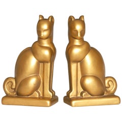 Art Deco Chalkware Gold Cat Bookends