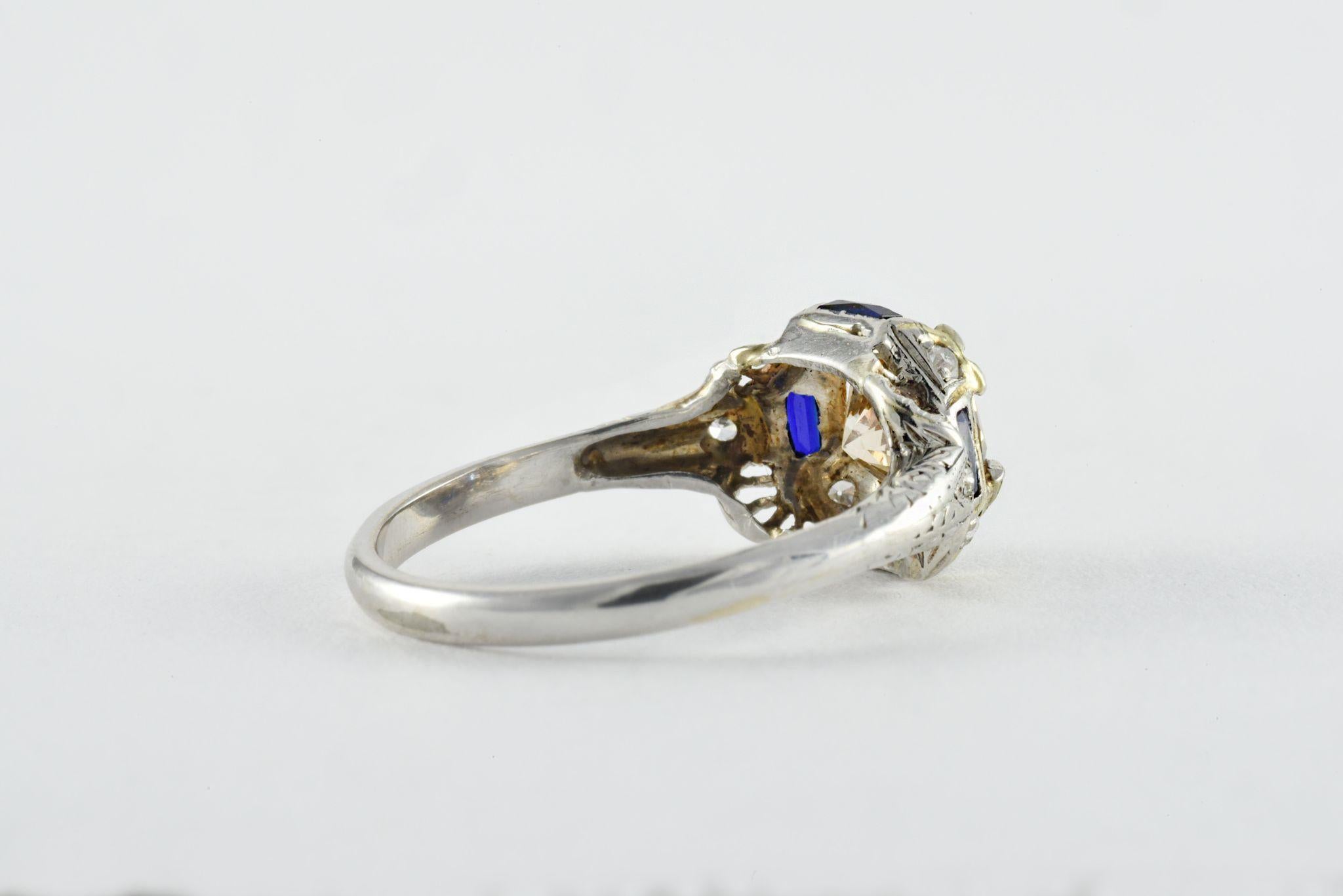 Old European Cut Art Deco Champagne Diamond and Blue Sapphire Ring  For Sale