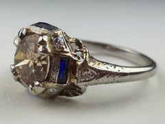 Art Deco 14K White Gold 1.34 Carat Champagne Diamond & Sapphire Ring