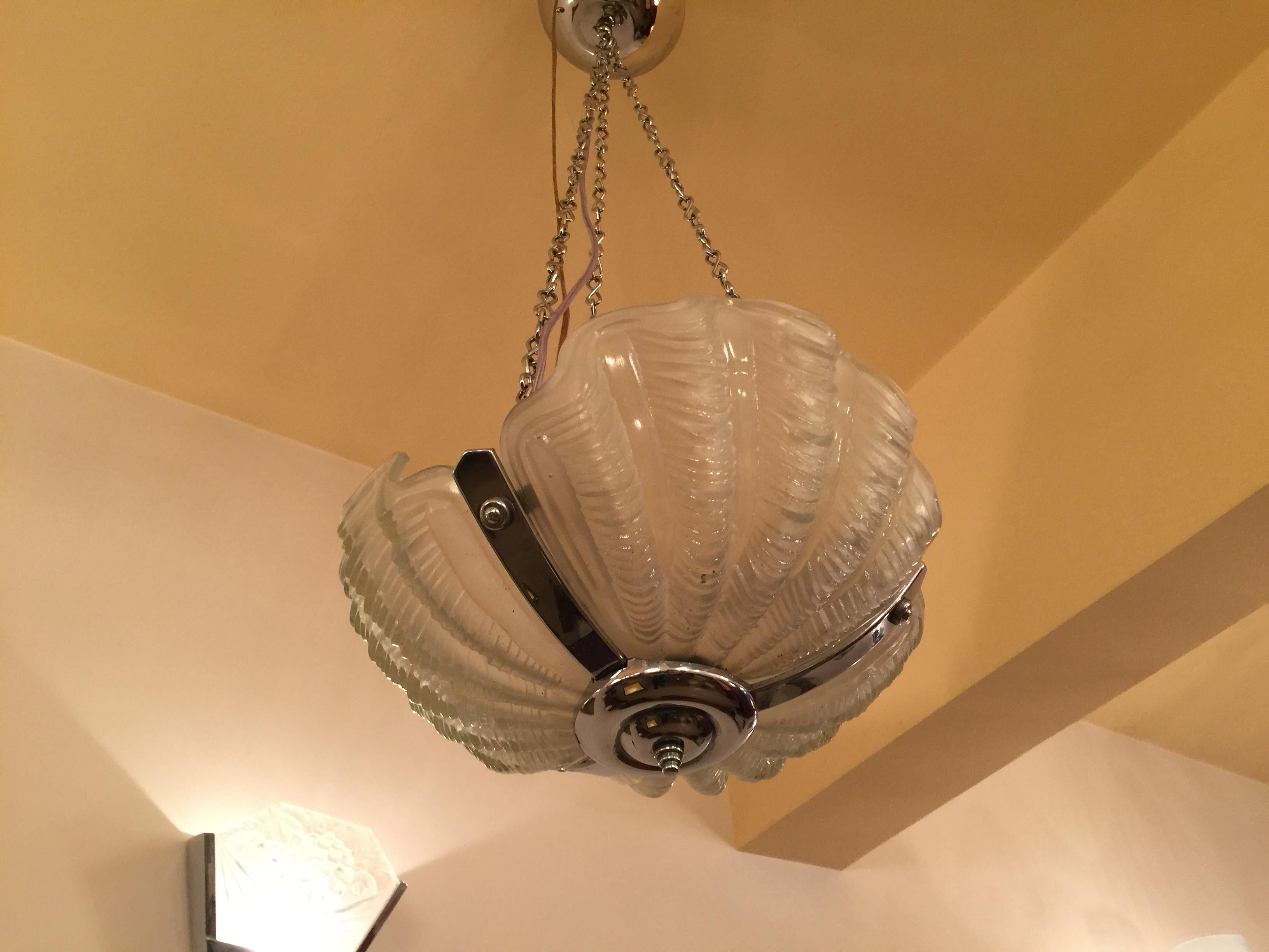 Early 20th Century Art Deco Chandelier, 1920 in Glass and Chrome For Sale
