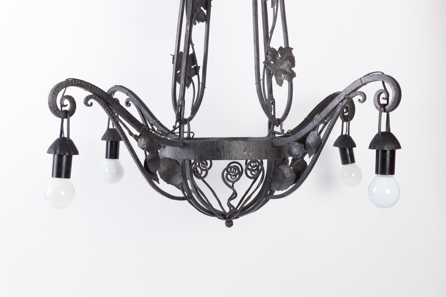 French Art Deco Chandelier, 1930, Wrought Iron, 4 Lights For Sale