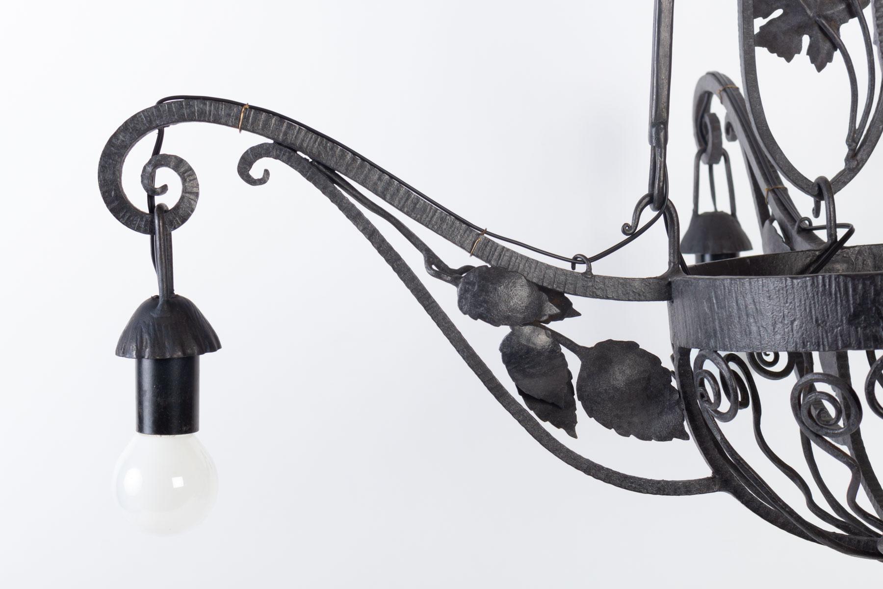 Art Deco Chandelier, 1930, Wrought Iron, 4 Lights For Sale 1