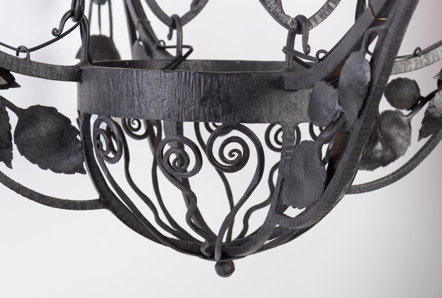 Art Deco Chandelier, 1930, Wrought Iron, 4 Lights For Sale 2