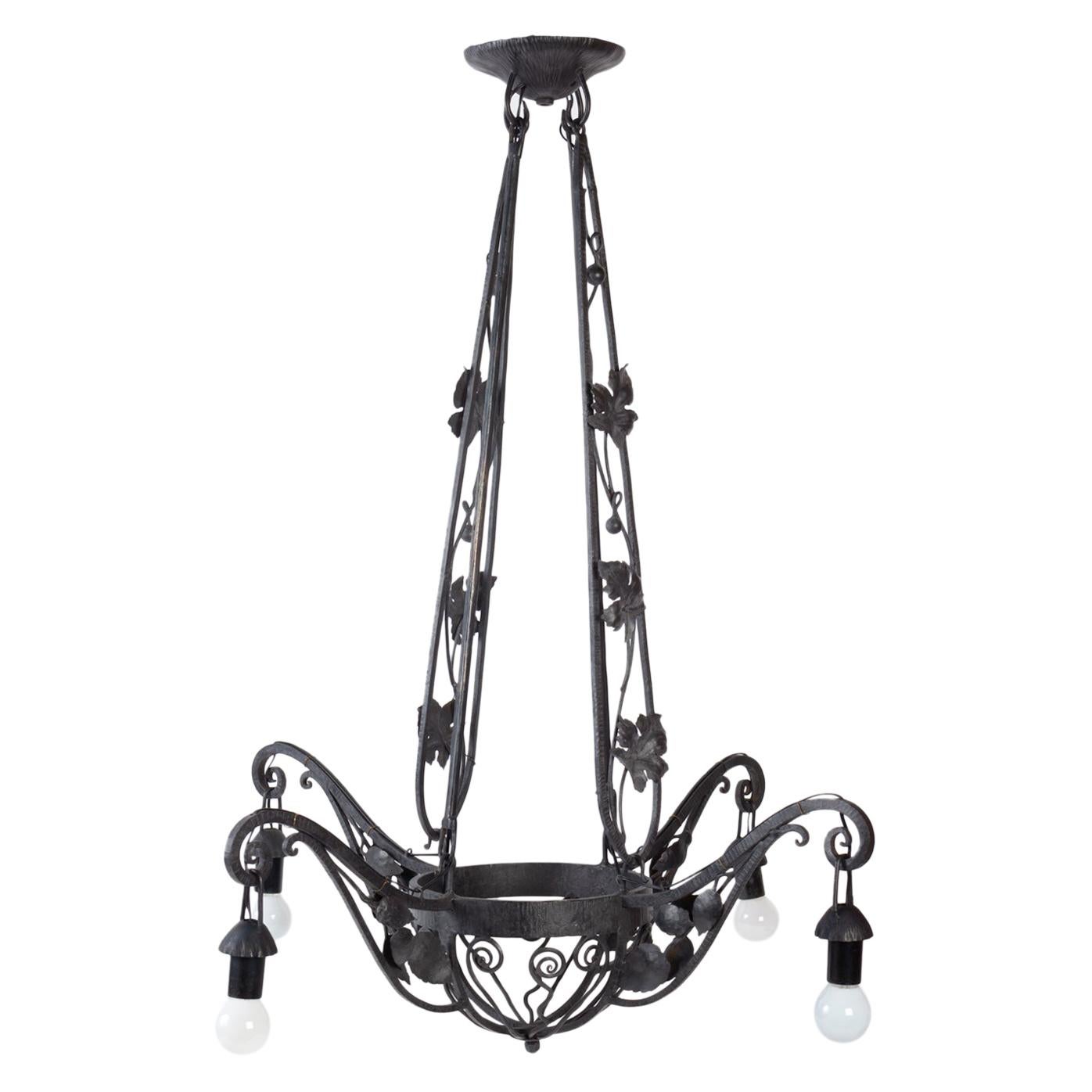 Art Deco Chandelier, 1930, Wrought Iron, 4 Lights For Sale