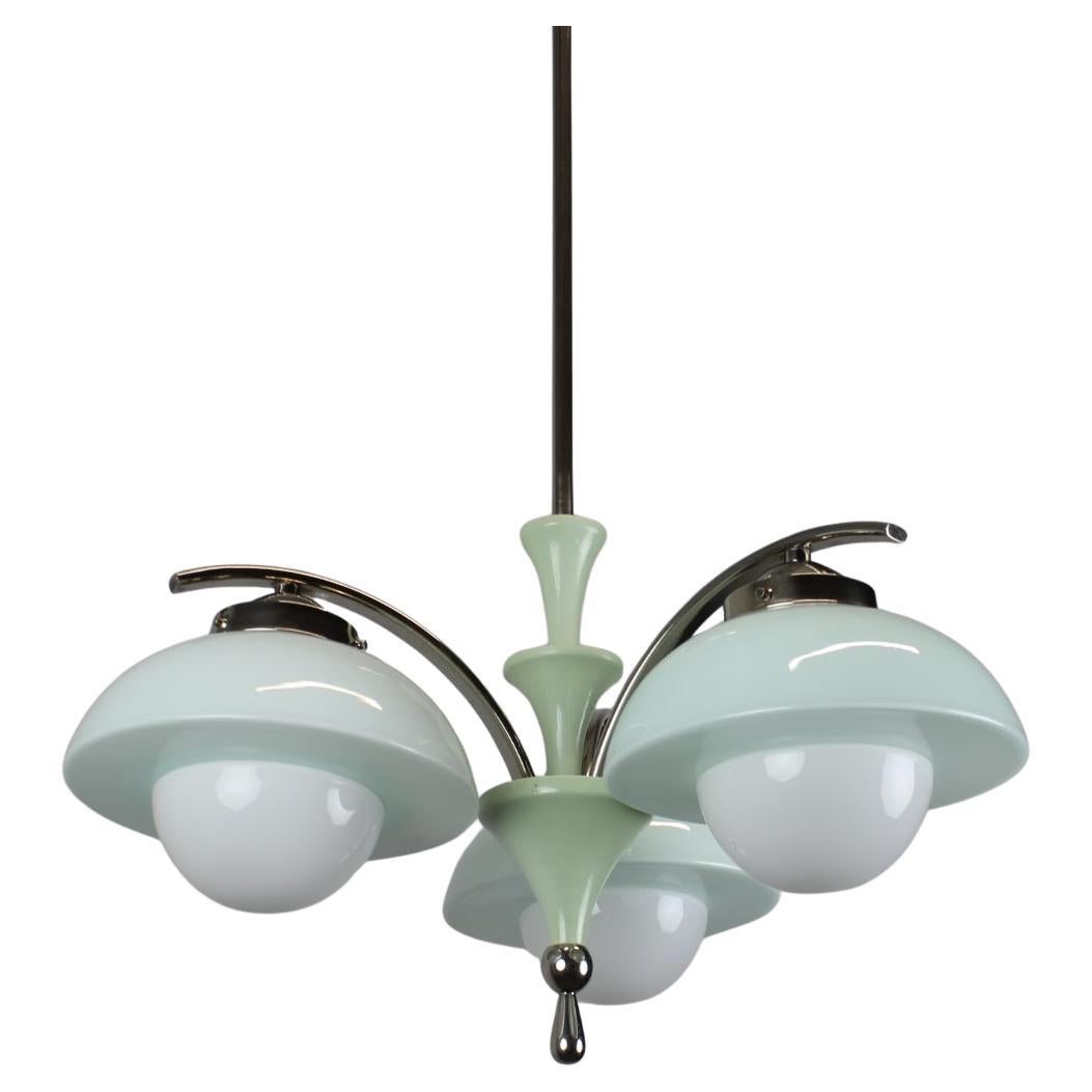 Art Deco Chandelier 1930s Czechoslovakia Mint Glass Chrome Ceiling Light