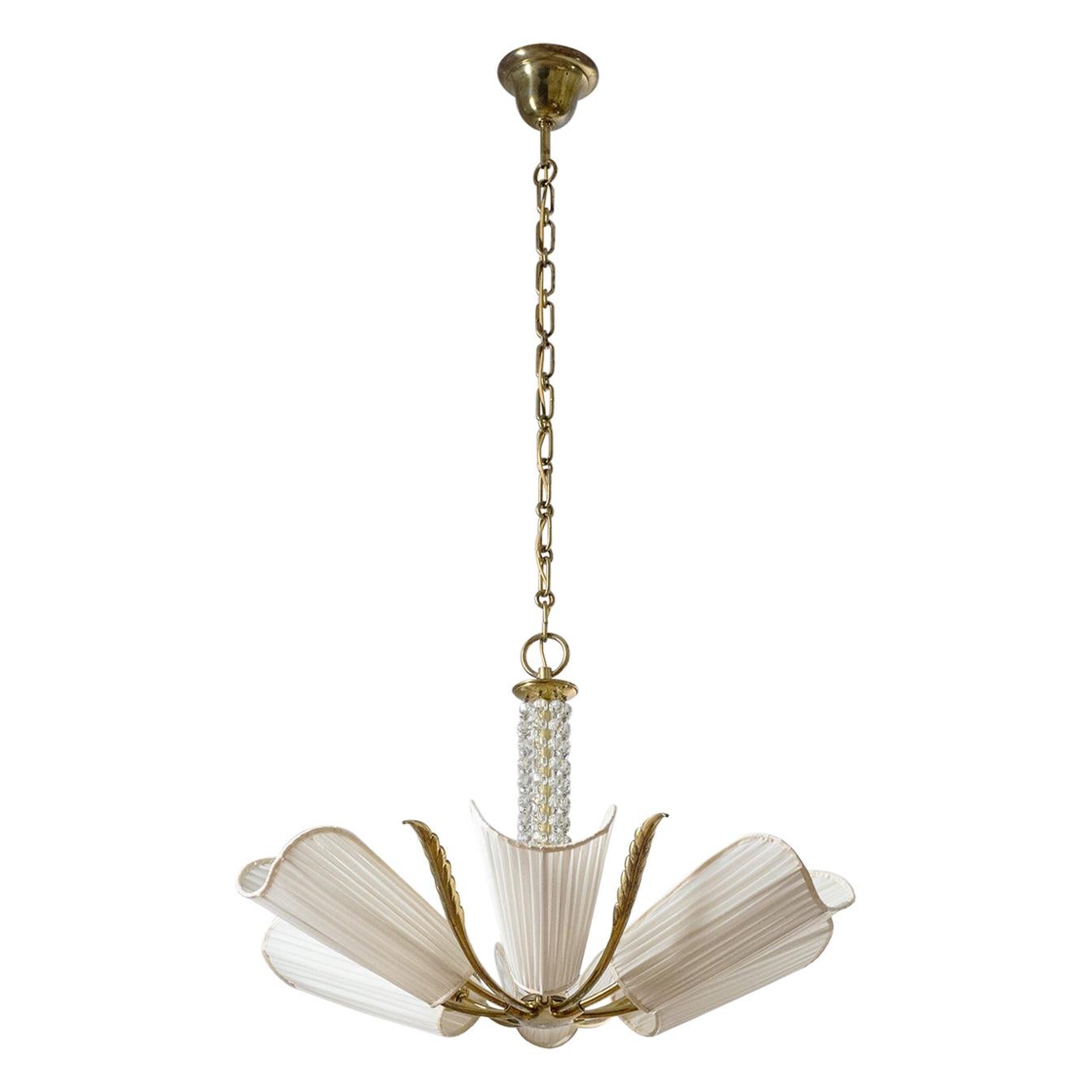 Art Deco Chandelier, 1930s, J.T. Kalmar (Attr.), Brass and Crystals