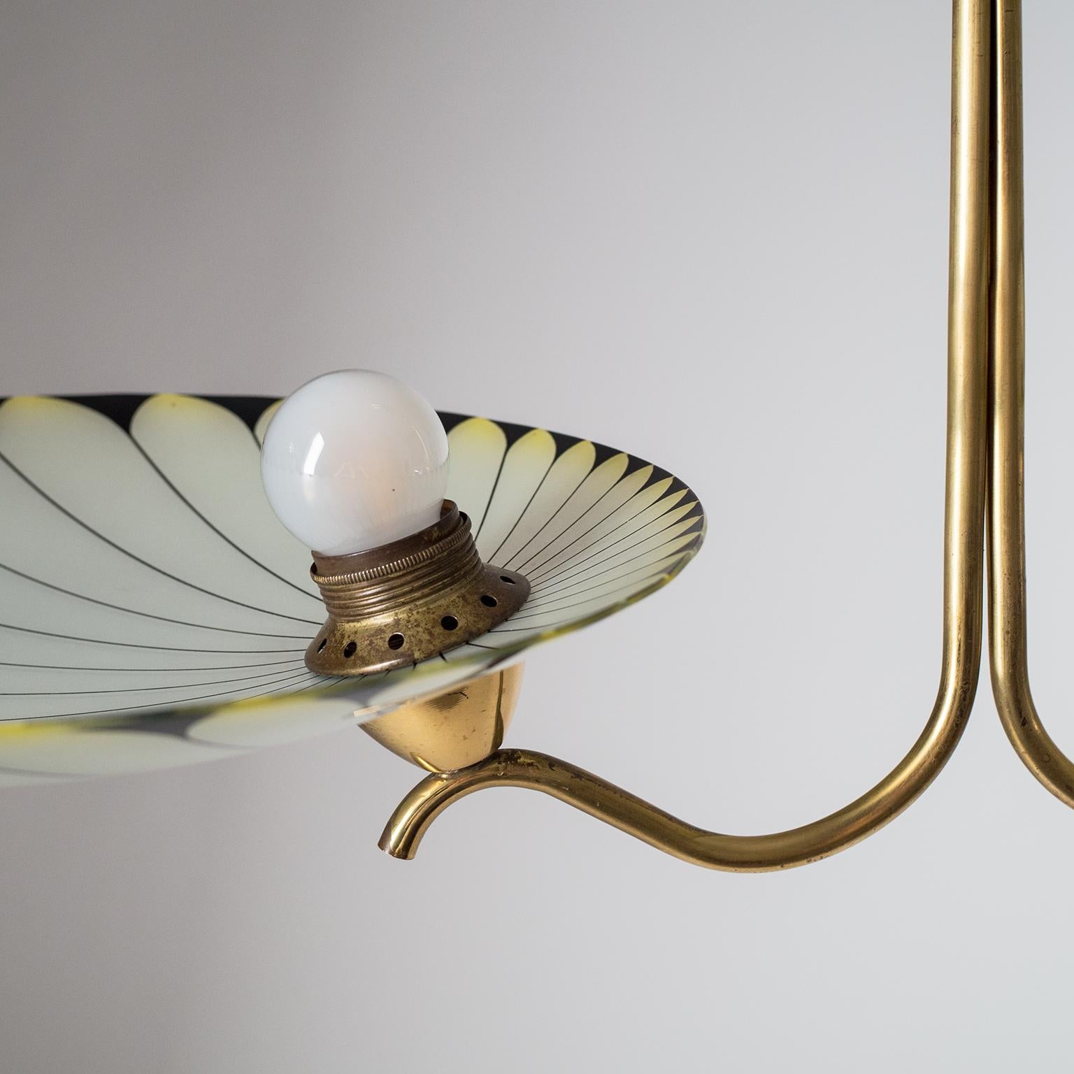 Art Deco Chandelier, 1940s, Enameled Glass and Brass 3