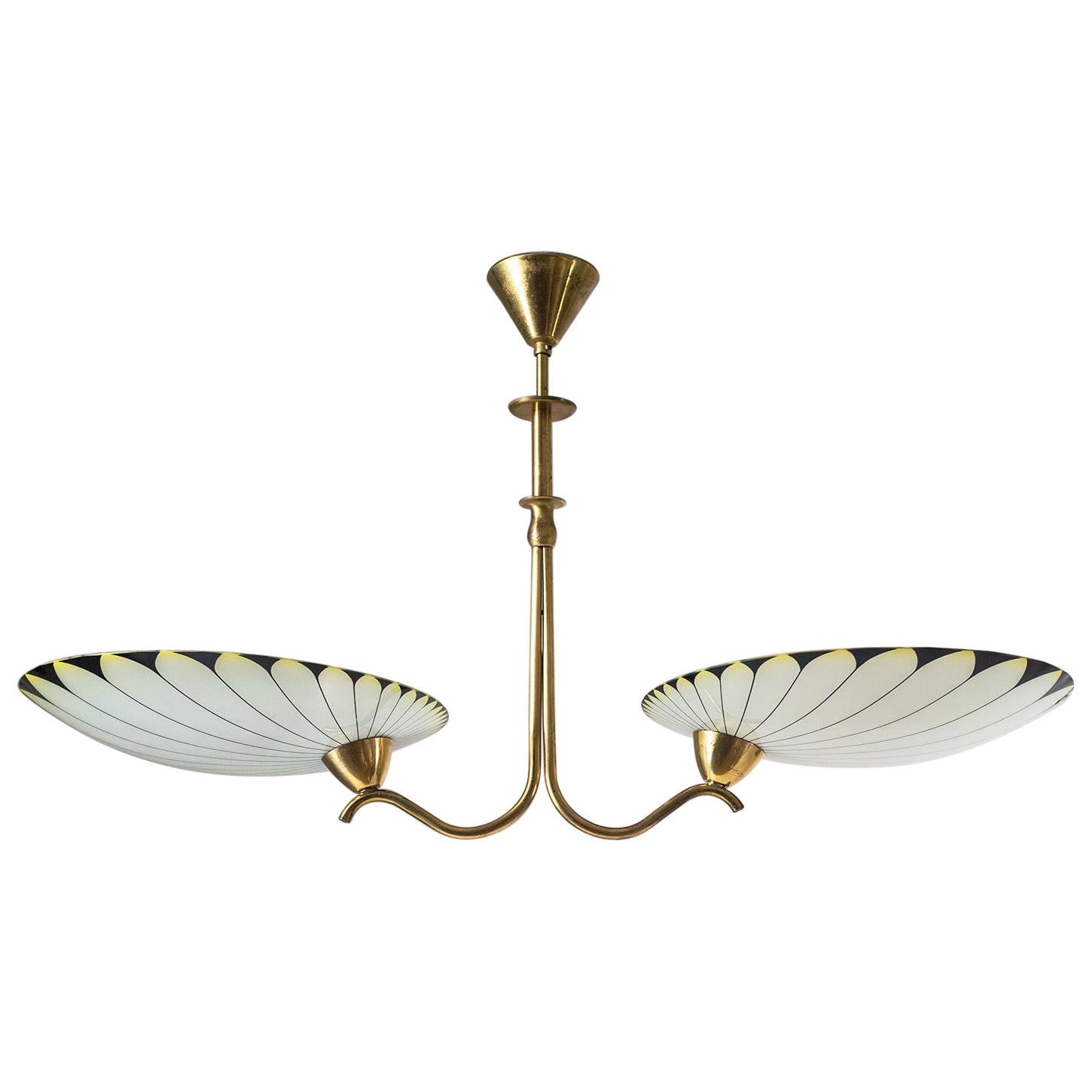Art Deco Chandelier, 1940s, Enameled Glass and Brass