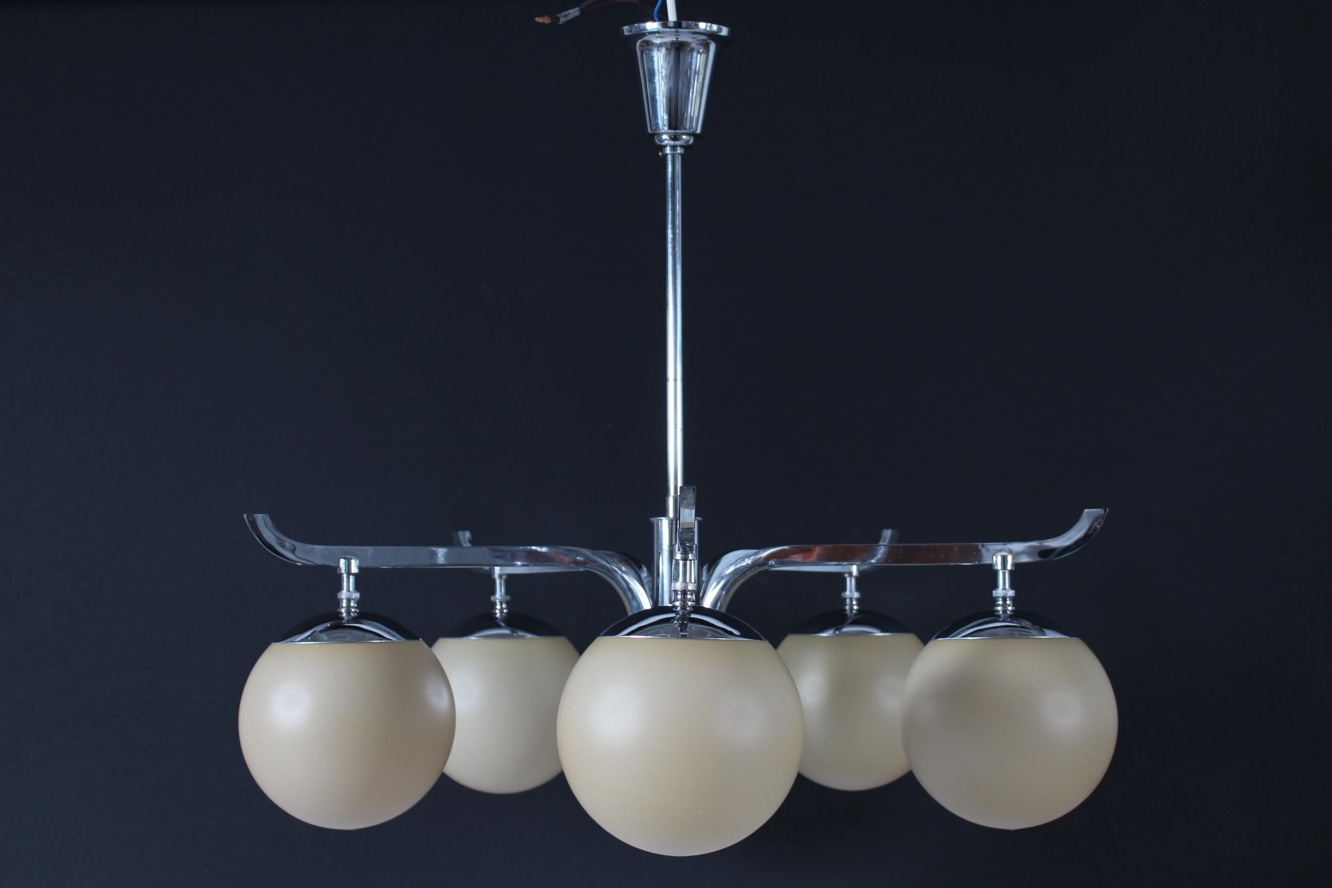 Mid-Century Modern Art Deco Chandelier 5-armed with Ball Shaped Shades by Fog & Mørup Denmark 1930s