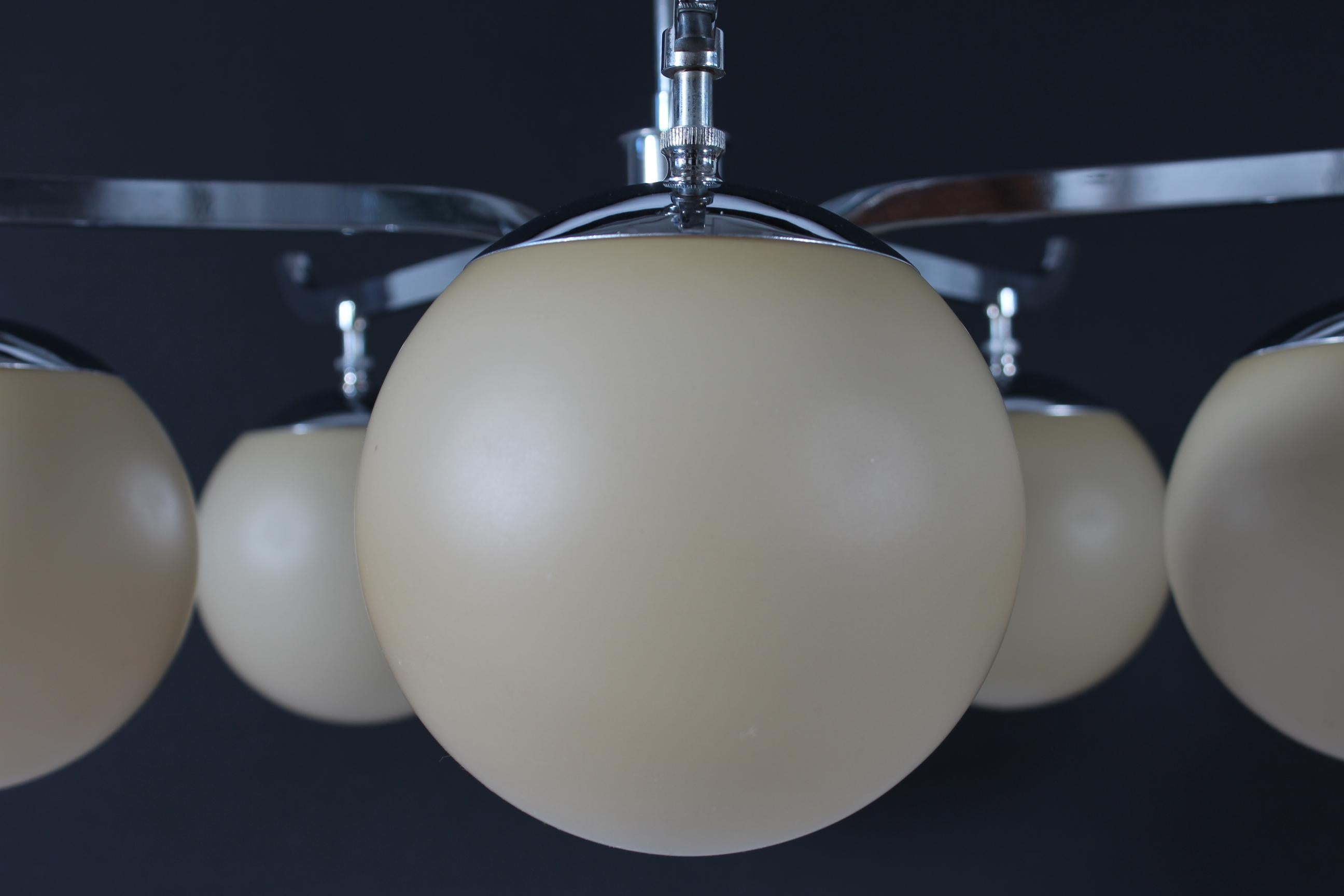 Plated Art Deco Chandelier 5-armed with Ball Shaped Shades by Fog & Mørup Denmark 1930s