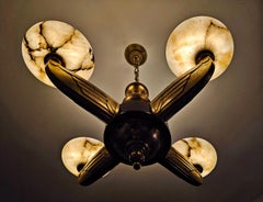 Art Deco Chandelier attr. to Atelier Petitot in bronze, walnut and alabaster
