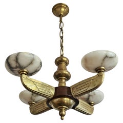 Lampadario Art Deco attribuito ad Atelier Petitot in bronzo, noce e alabastro