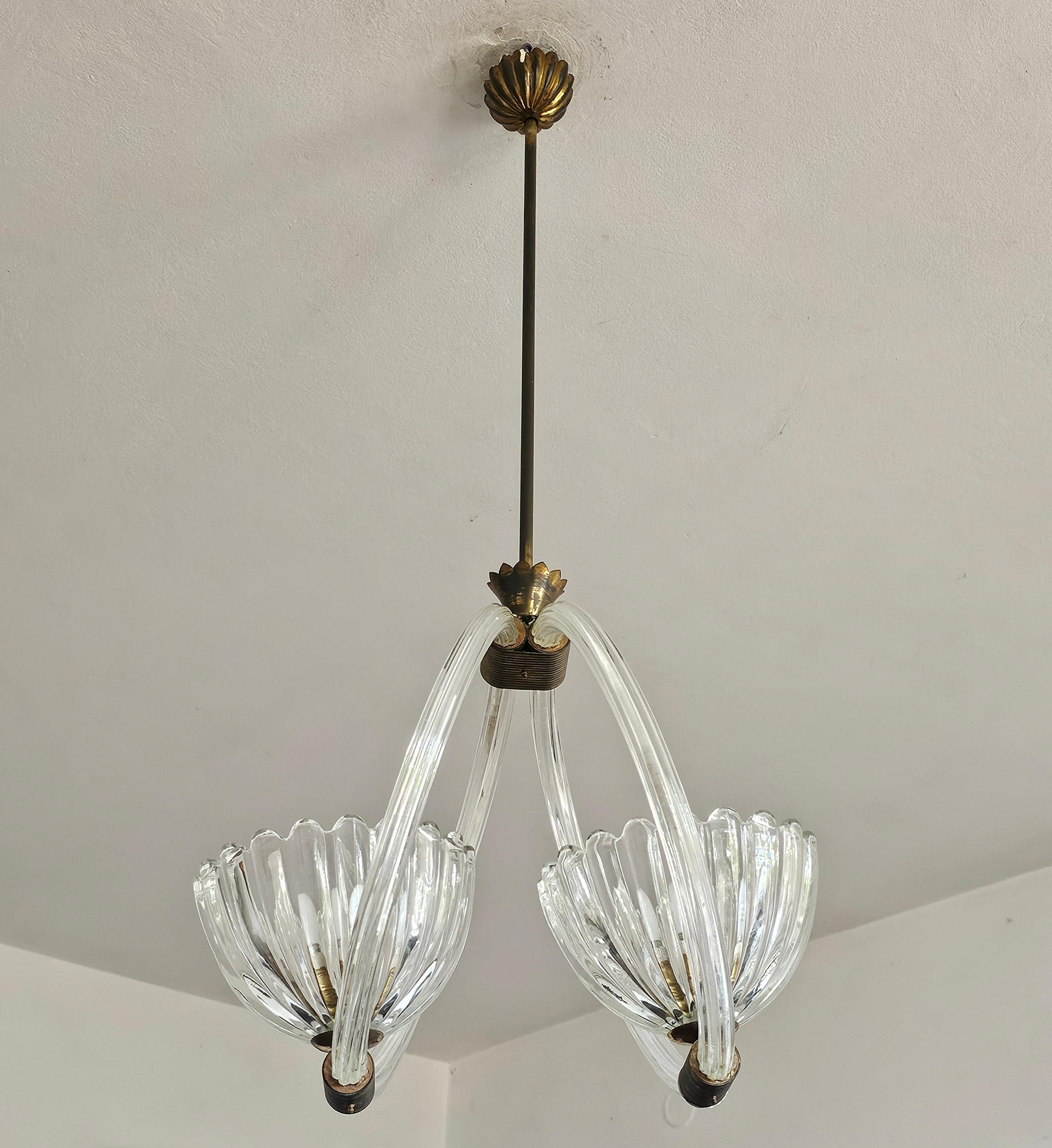 Art Déco Lampadario Art Deco attribuito a Barovier&Toso in vetro e bronzo di Murano in vendita