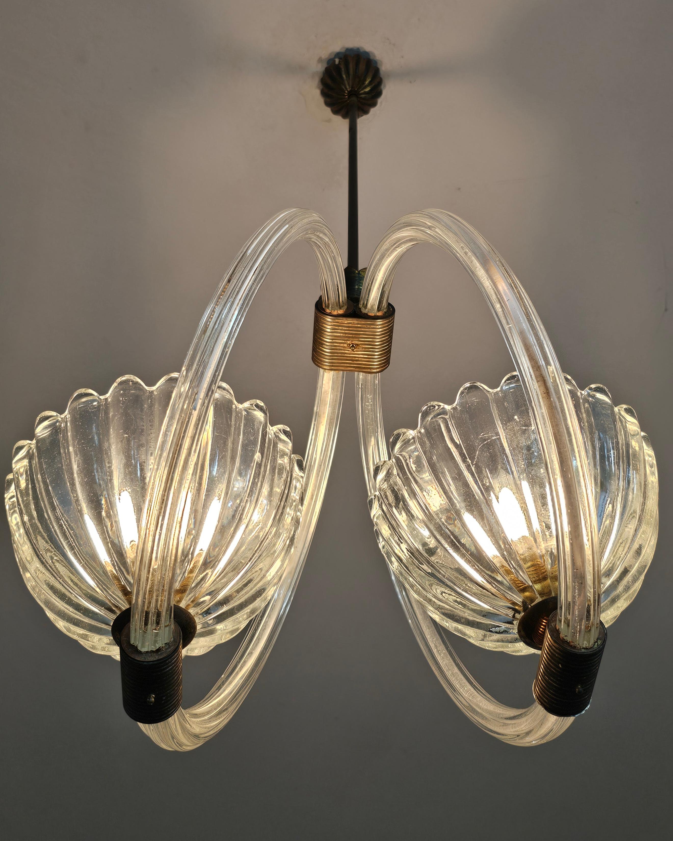 Lampadario Art Deco attribuito a Barovier&Toso in vetro e bronzo di Murano in vendita 1
