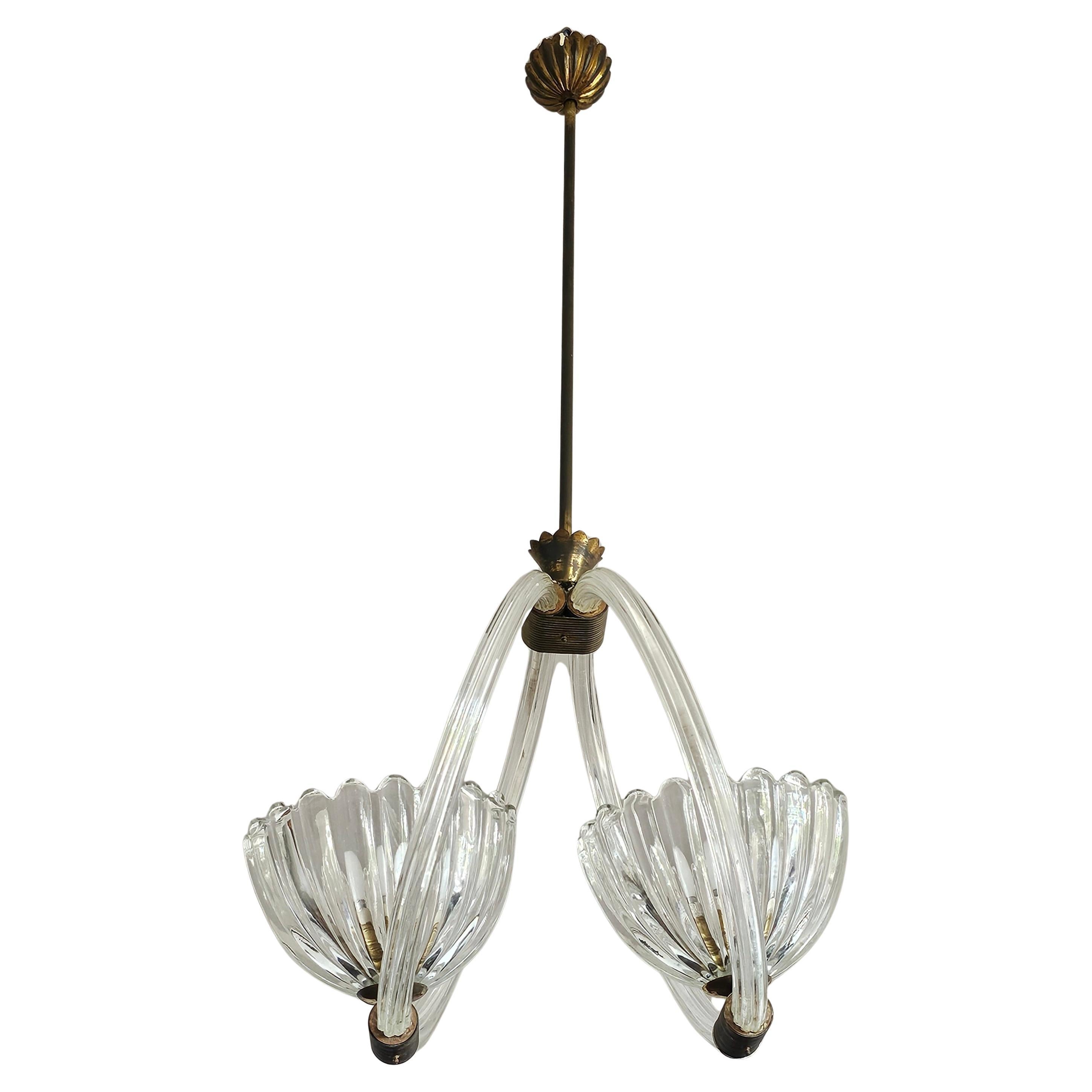 Lampadario Art Deco attribuito a Barovier&Toso in vetro e bronzo di Murano