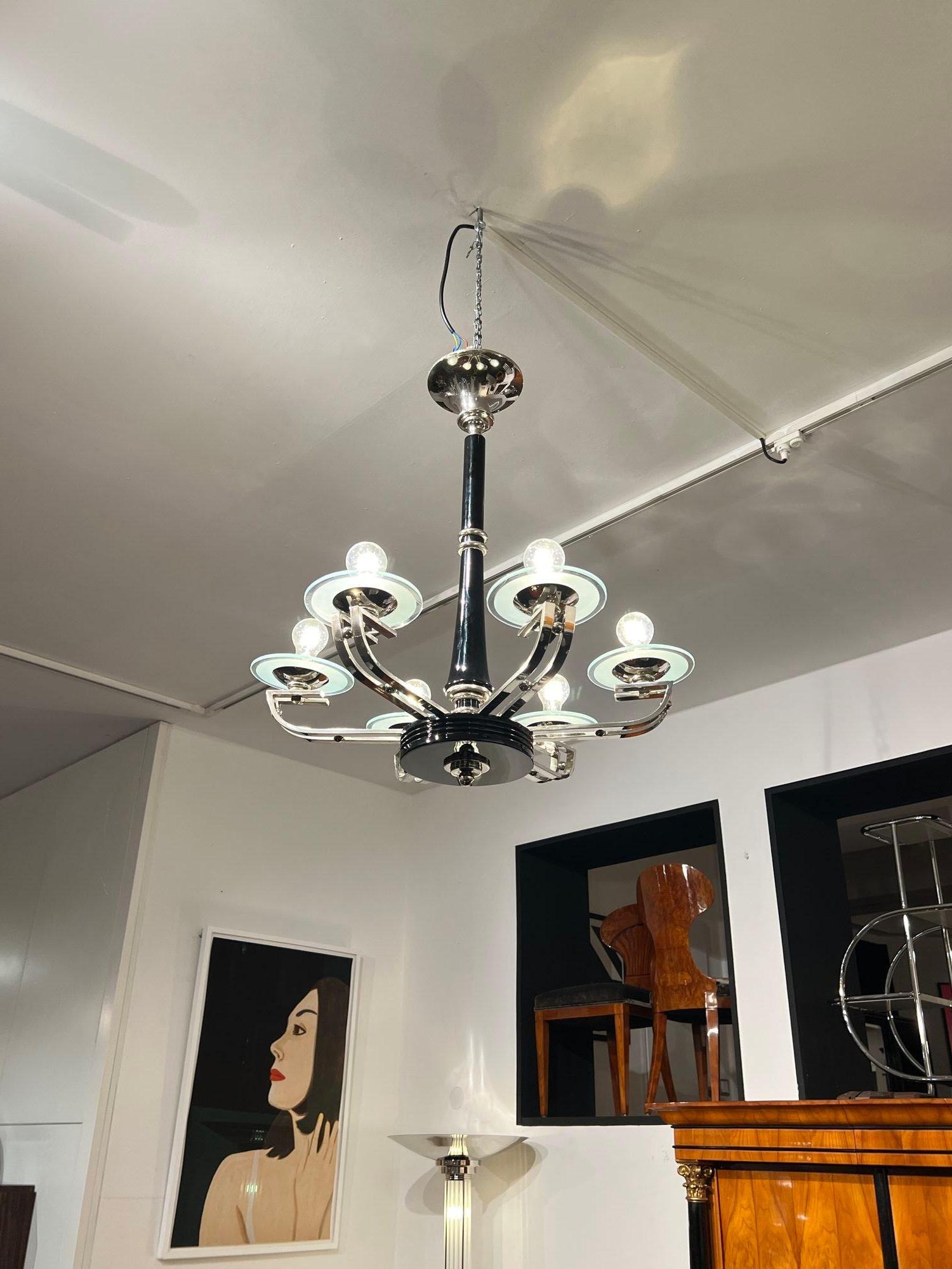 Lampadario Art Deco, lacca nera, cromo, vetro, Francia circa 1930 in vendita 9