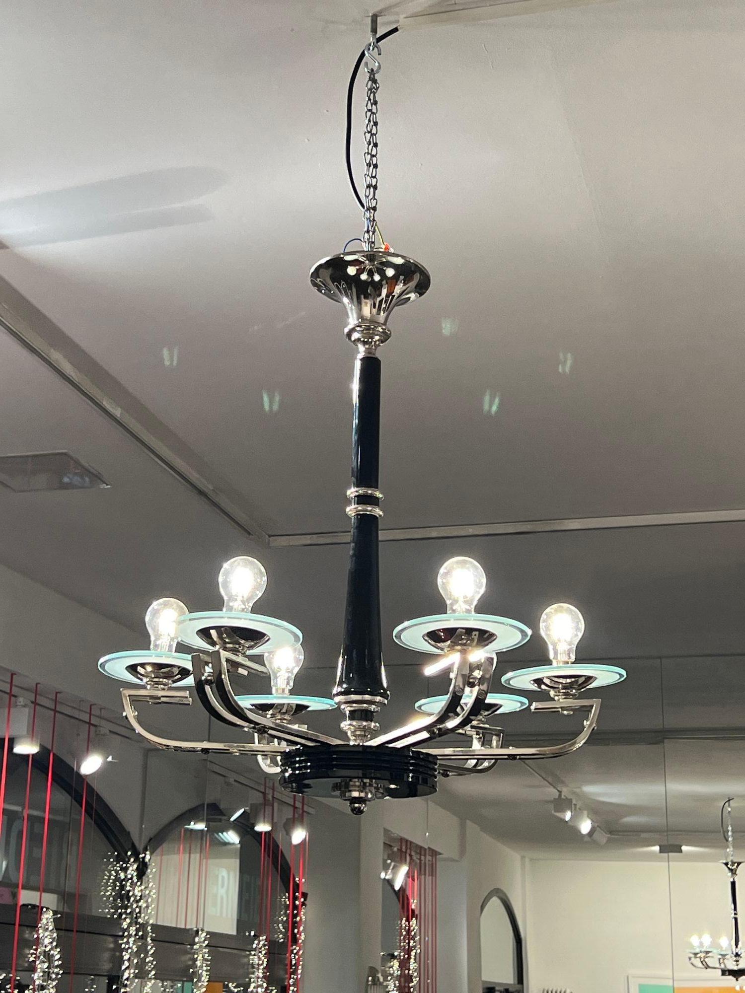 Art Déco Lampadario Art Deco, lacca nera, cromo, vetro, Francia circa 1930 in vendita