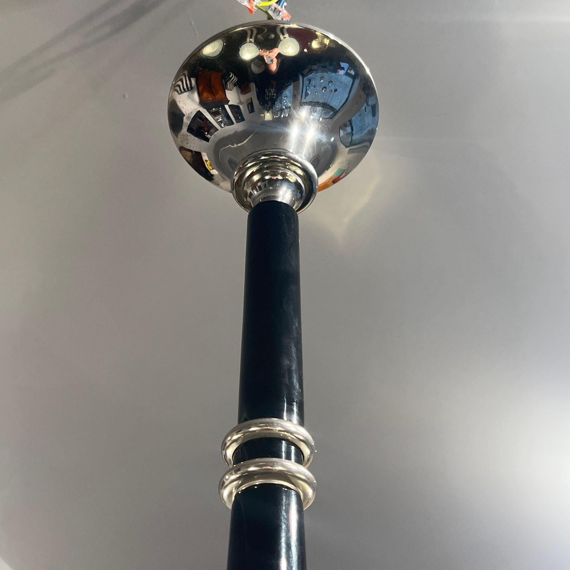 Galvanizzato Lampadario Art Deco, lacca nera, cromo, vetro, Francia circa 1930 in vendita