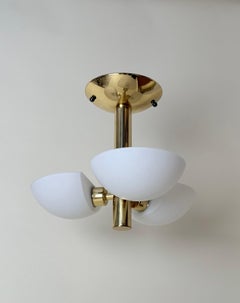 Art Deco Chandelier, Brass and Milk Glass, Vintage Lighting, 1980s