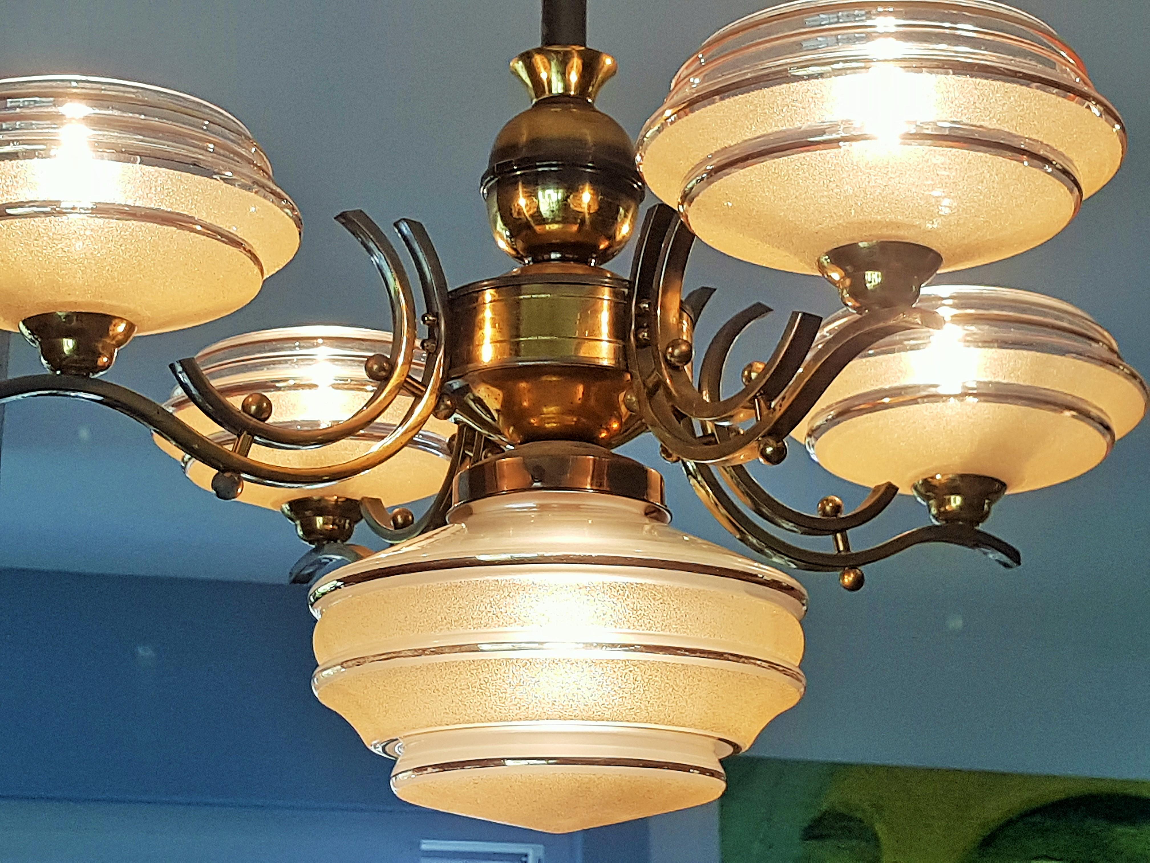 Art Deco Chandelier Brass, Opalescent Yellow Glass, France, 1935 For Sale 7