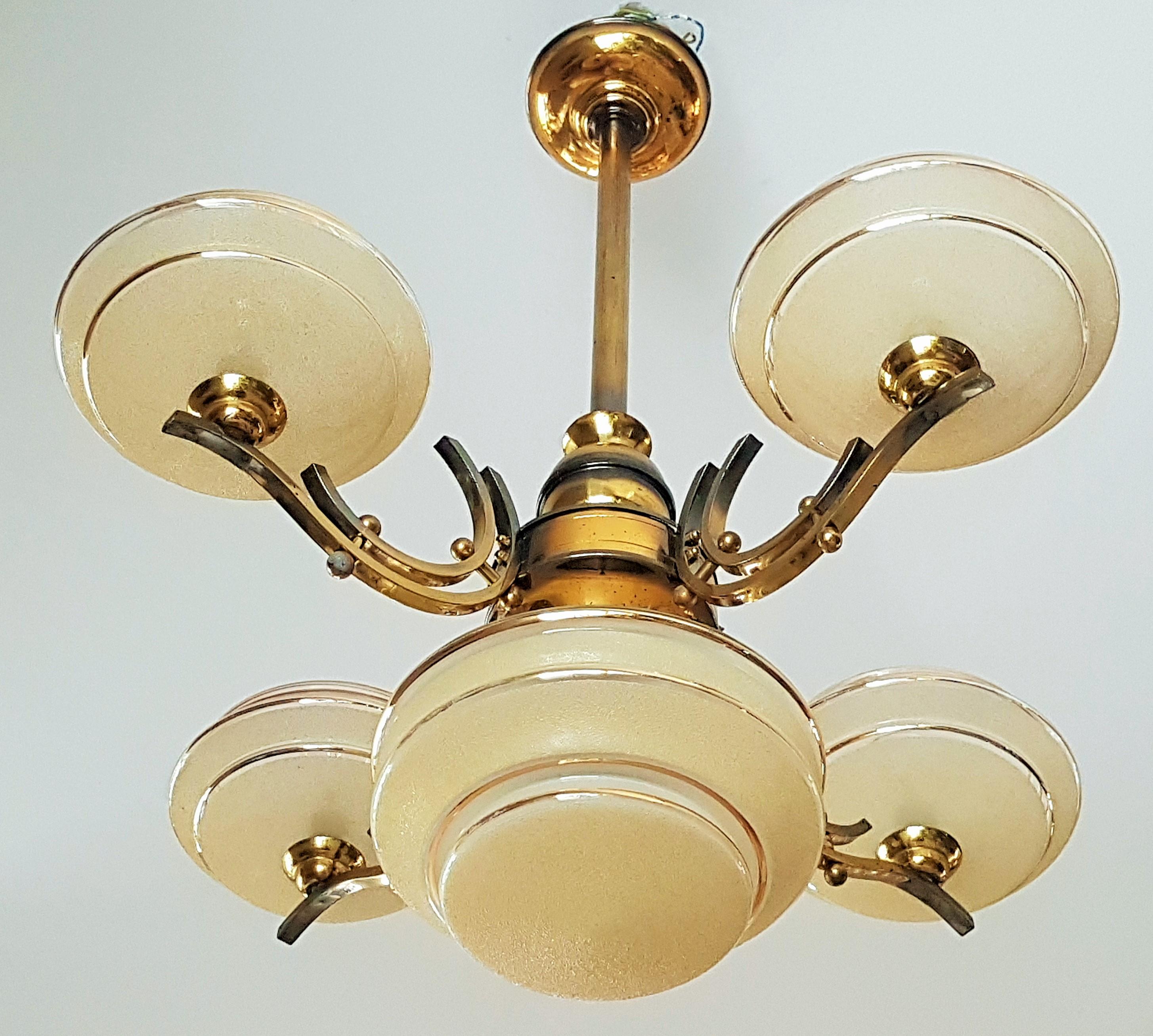 Art Deco Chandelier Brass, Opalescent Yellow Glass, France, 1935 For Sale 10