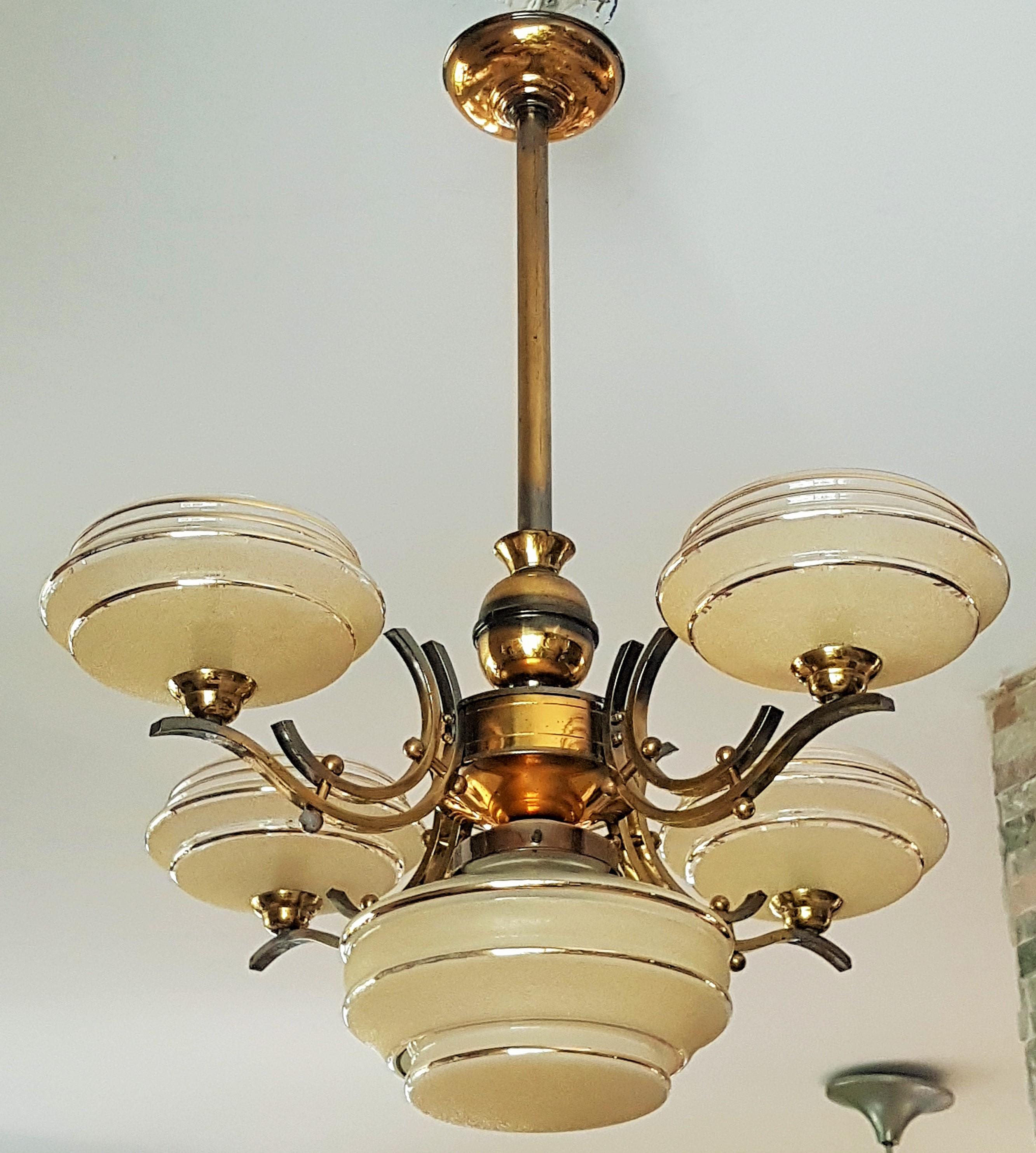 Art Deco Chandelier Brass, Opalescent Yellow Glass, France, 1935 For Sale 11