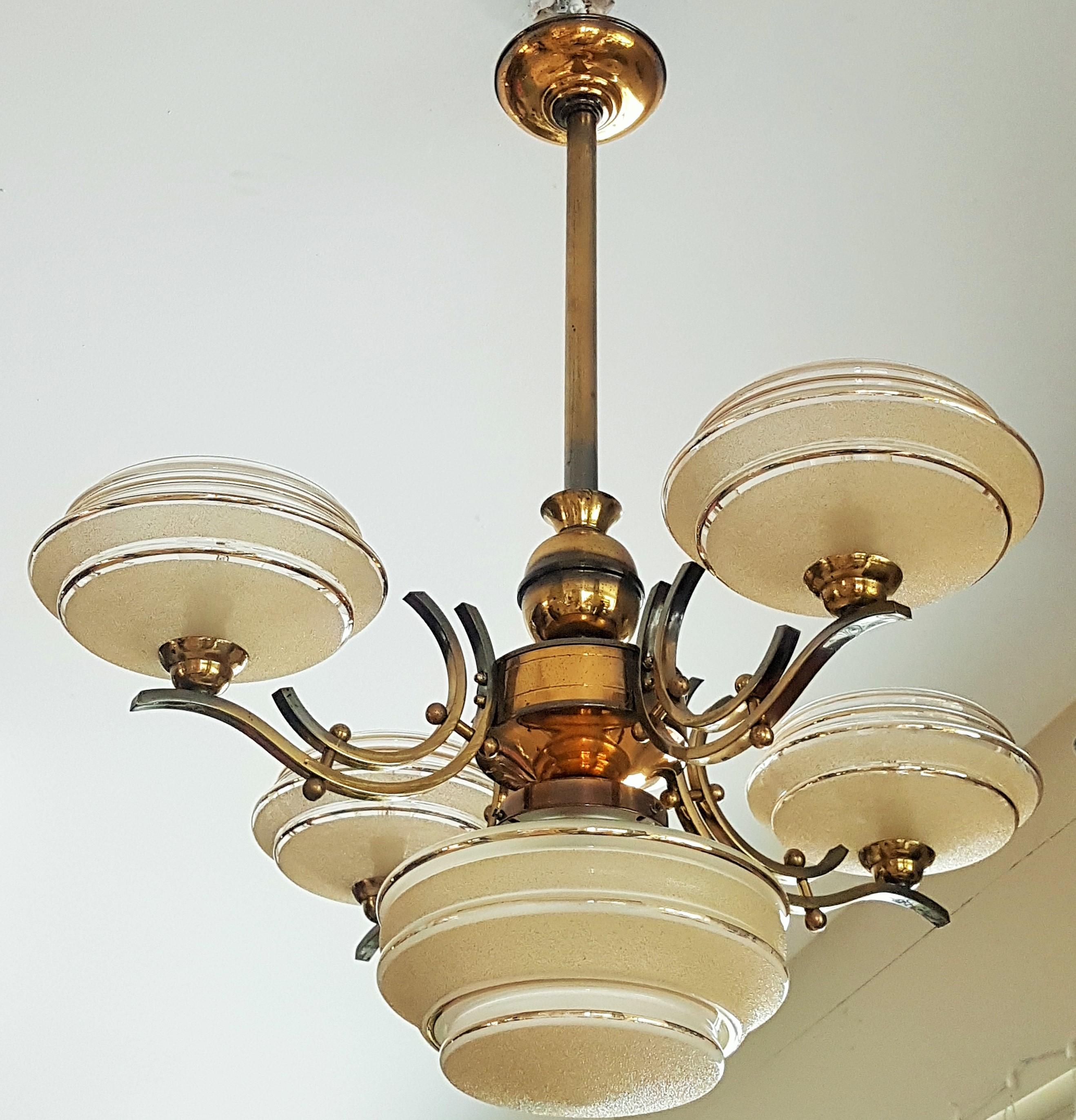 Art Deco Chandelier Brass, Opalescent Yellow Glass, France, 1935 For Sale 12