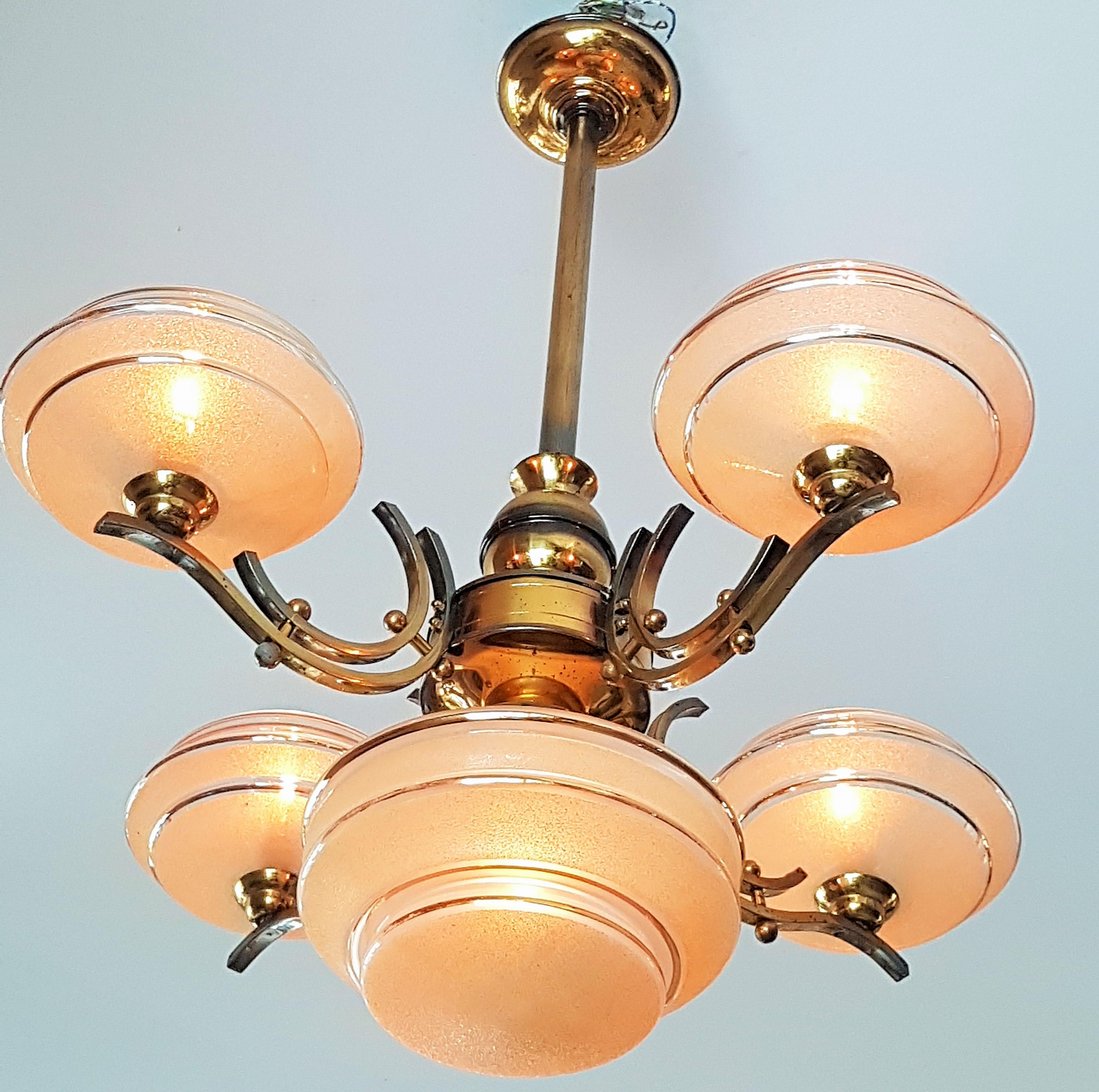 Art Deco Chandelier Brass, Opalescent Yellow Glass, France, 1935 For Sale 3