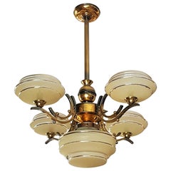 Art Deco Chandelier Brass, Opalescent Yellow Glass, France, 1935