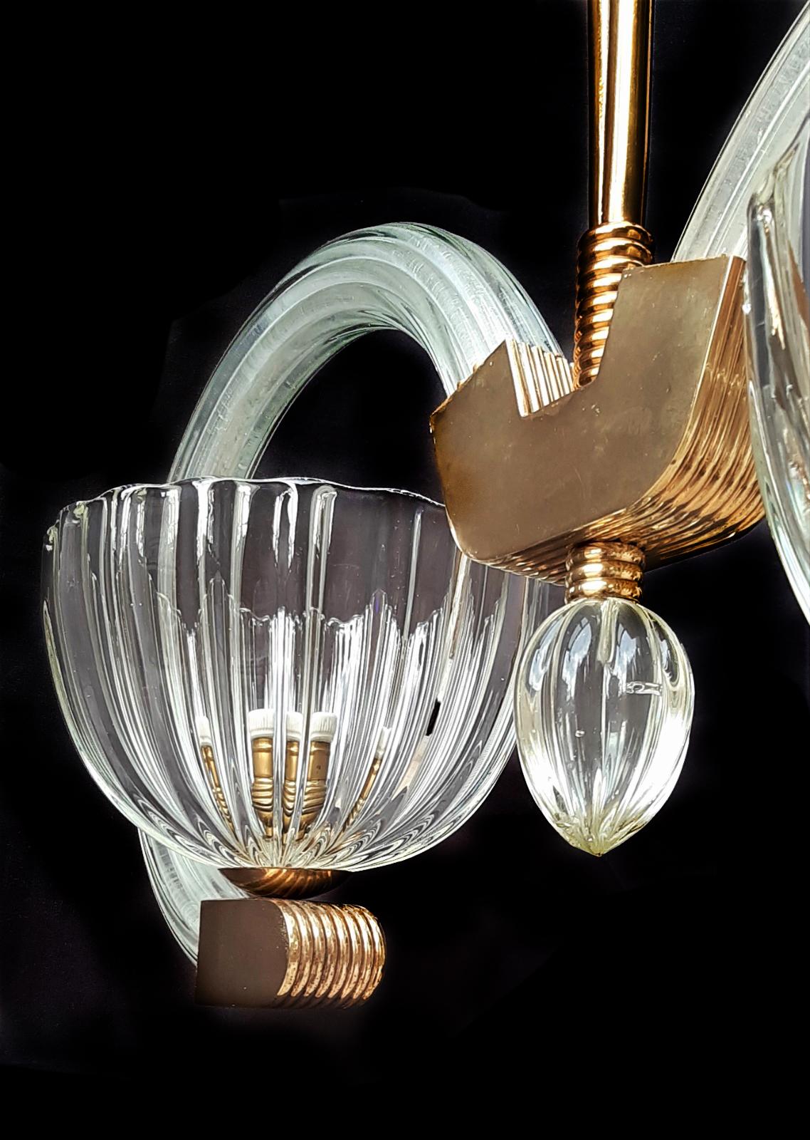 Brass Art Deco Chandelier by Ercole Barovier, Murano, 1940 For Sale