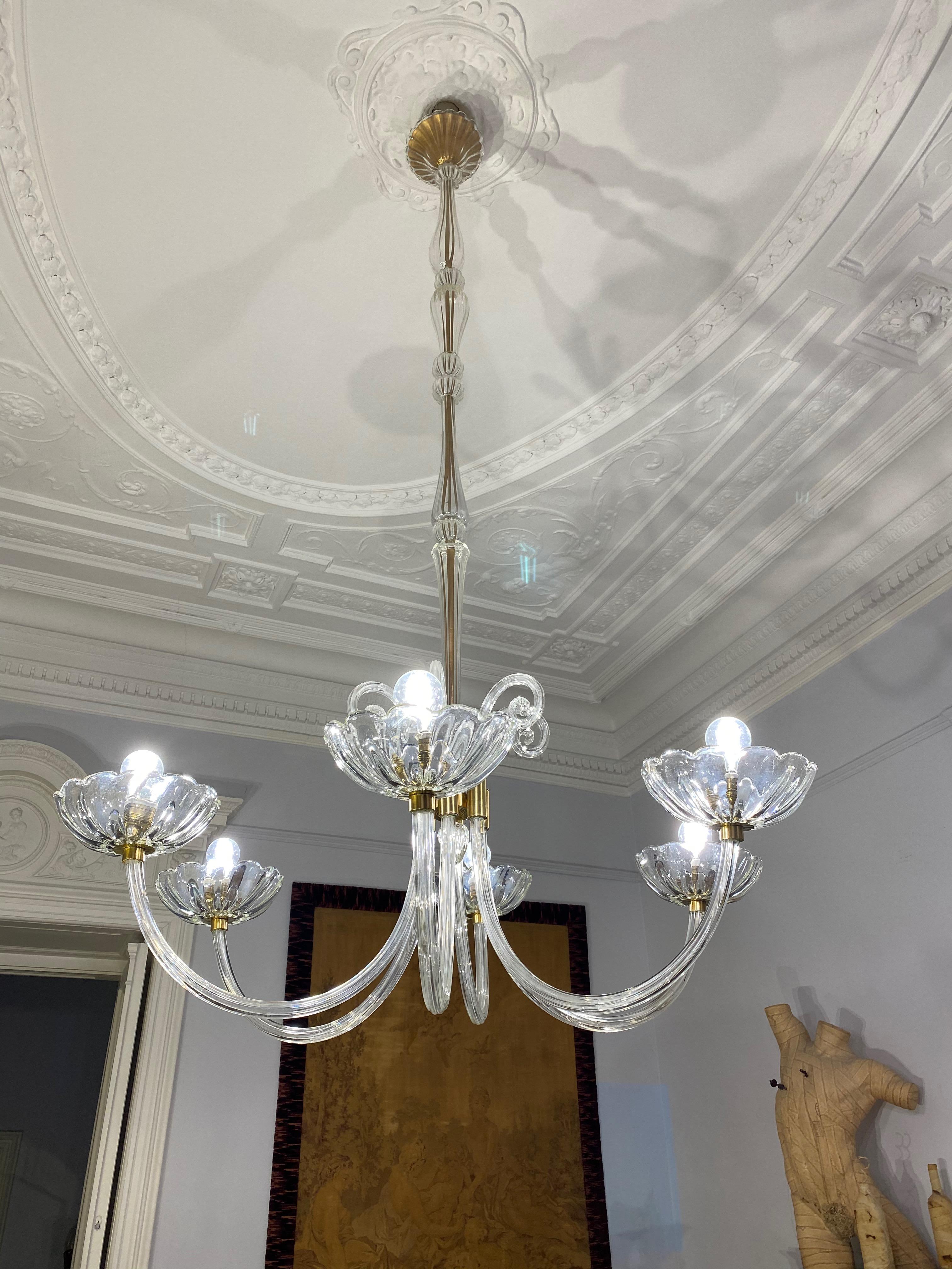 Brass Art Deco Chandelier by Ercole Barovier, Murano, 1940s For Sale