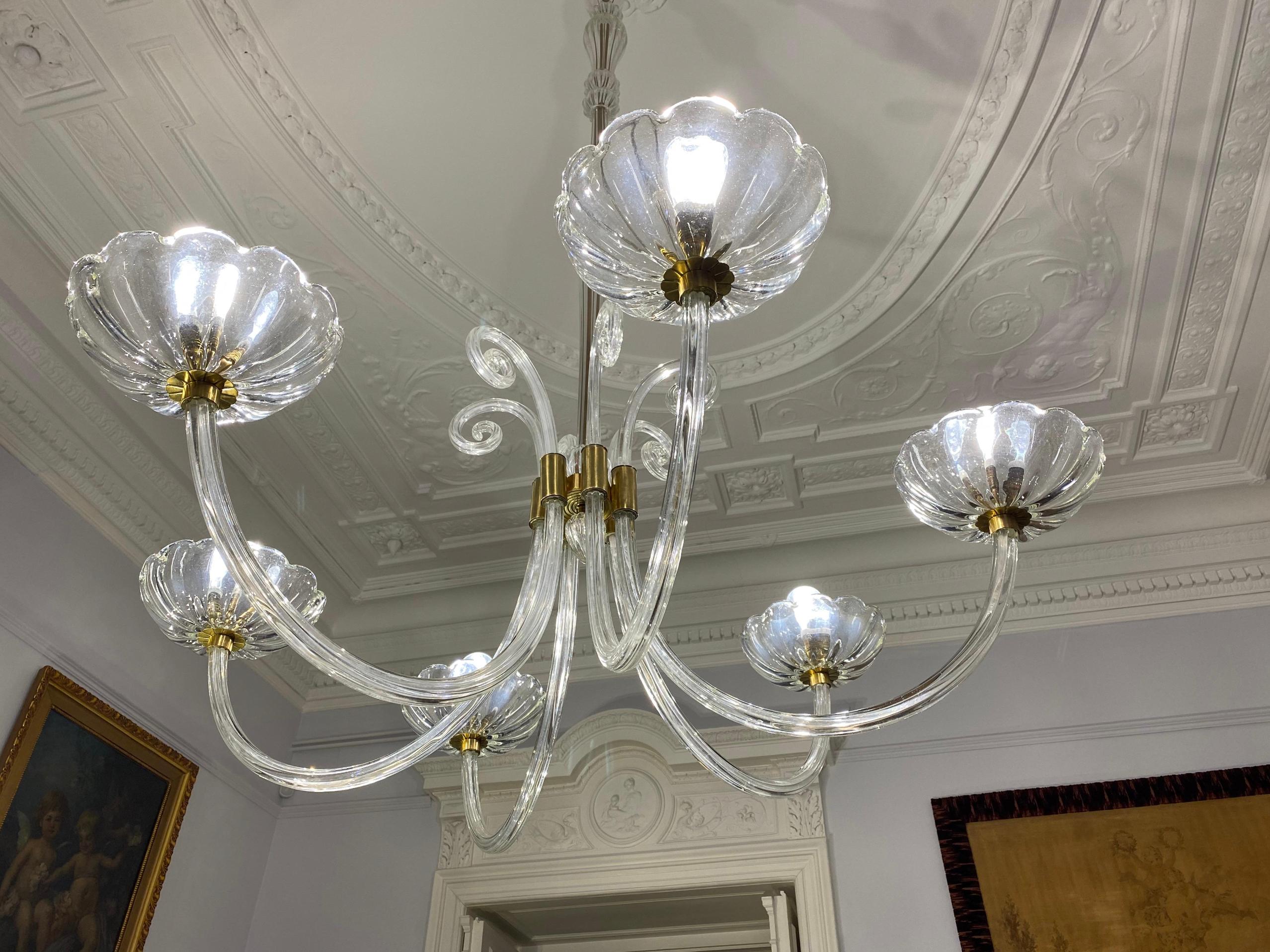 Brass Art Deco Chandelier by Ercole Barovier, Murano, 1940s For Sale