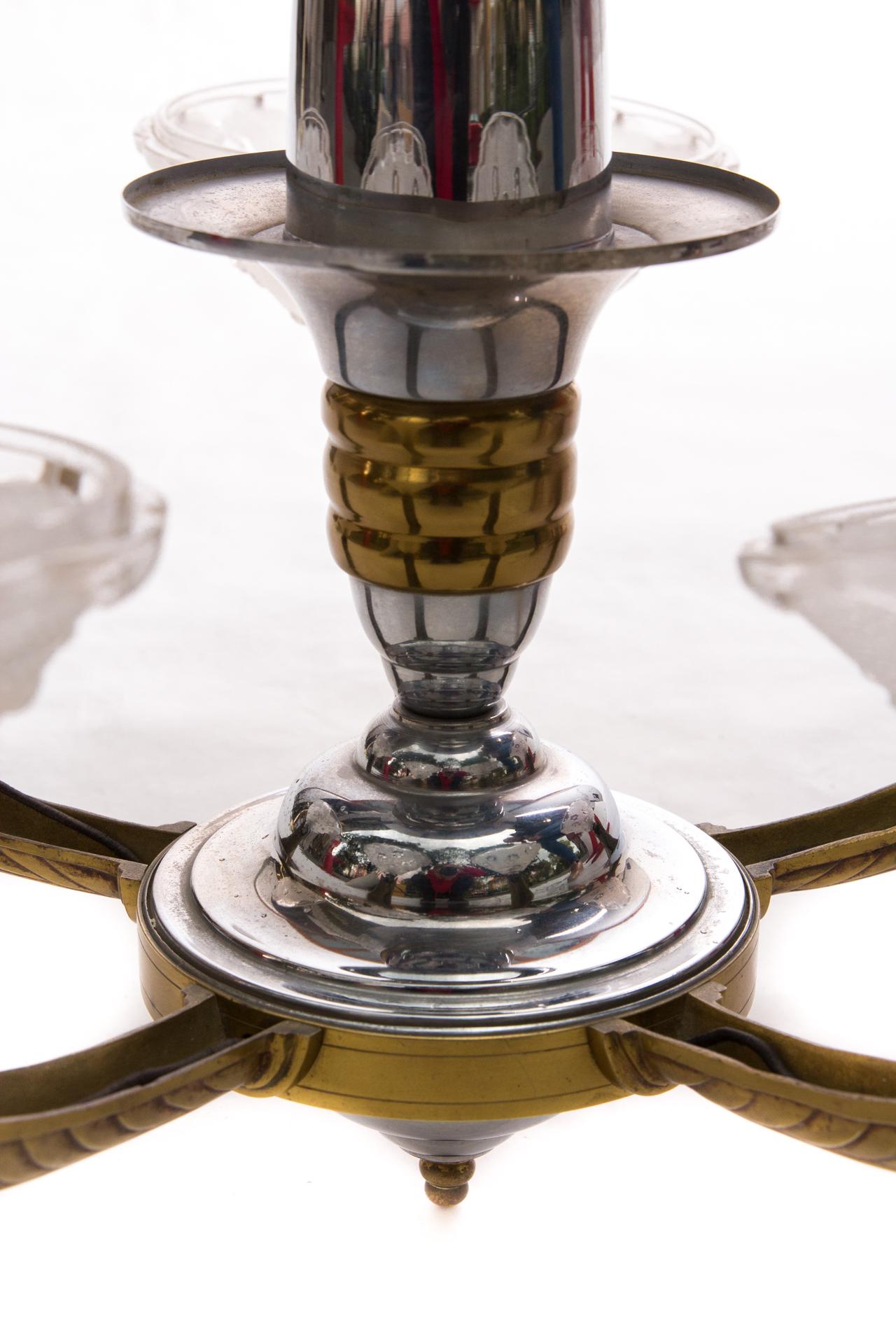 Art Deco Chandelier by Ezan, Silvered Brass For Sale 1