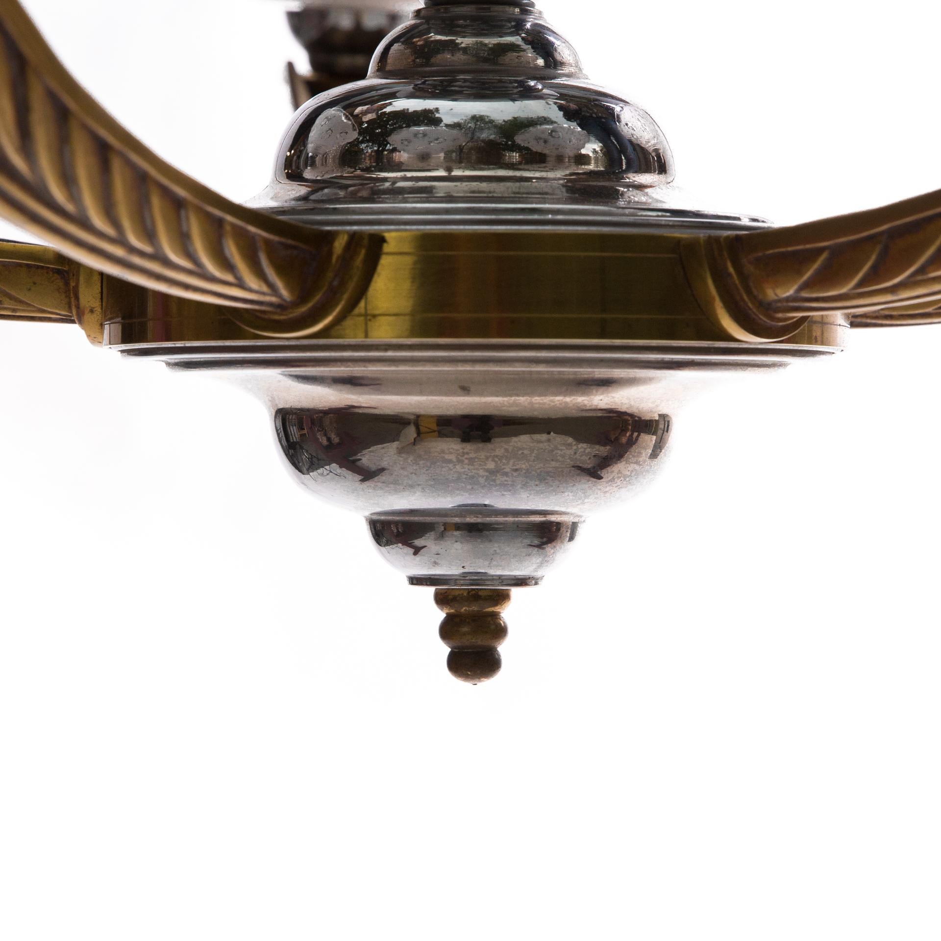 Art Deco Chandelier by Ezan, Silvered Brass For Sale 4