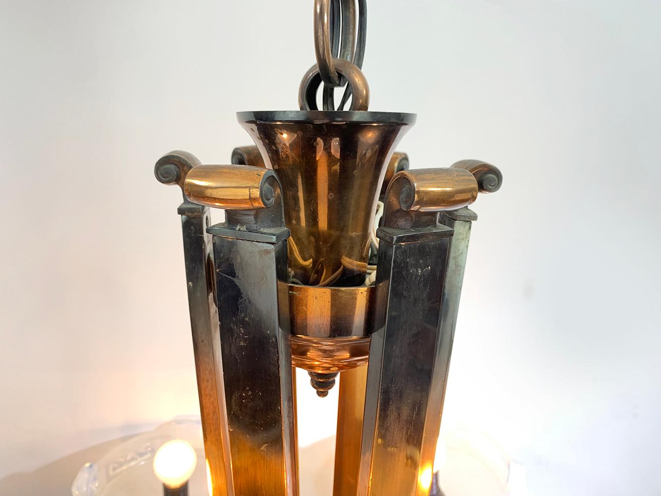 Art Deco Chandelier By Ezan with French Opalescent Glass & Copper circa 1930 For Sale 2