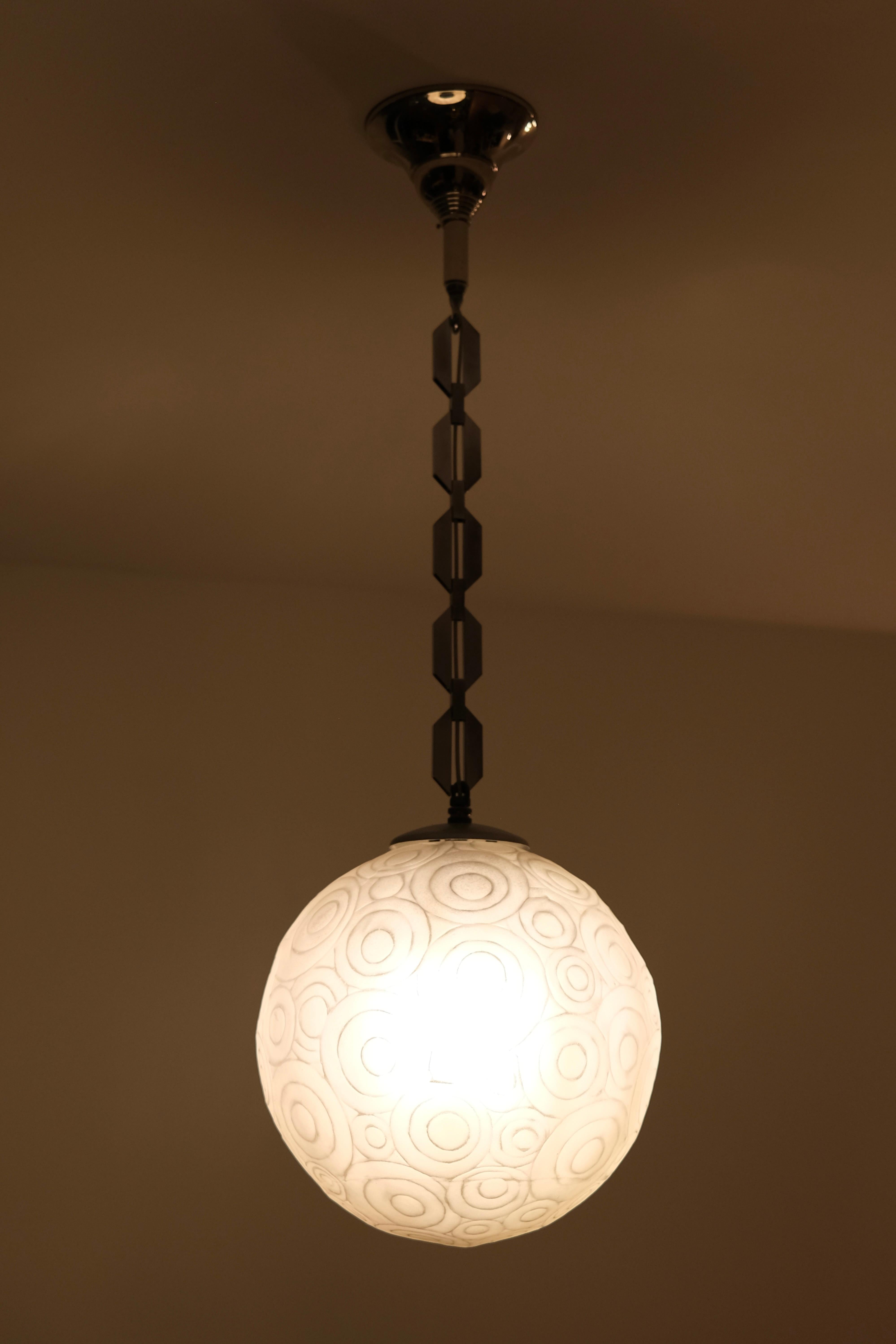 Mid-20th Century Art Deco Chandelier by Marius-Ernest Sabino, France 1930s, glass ball with chain For Sale