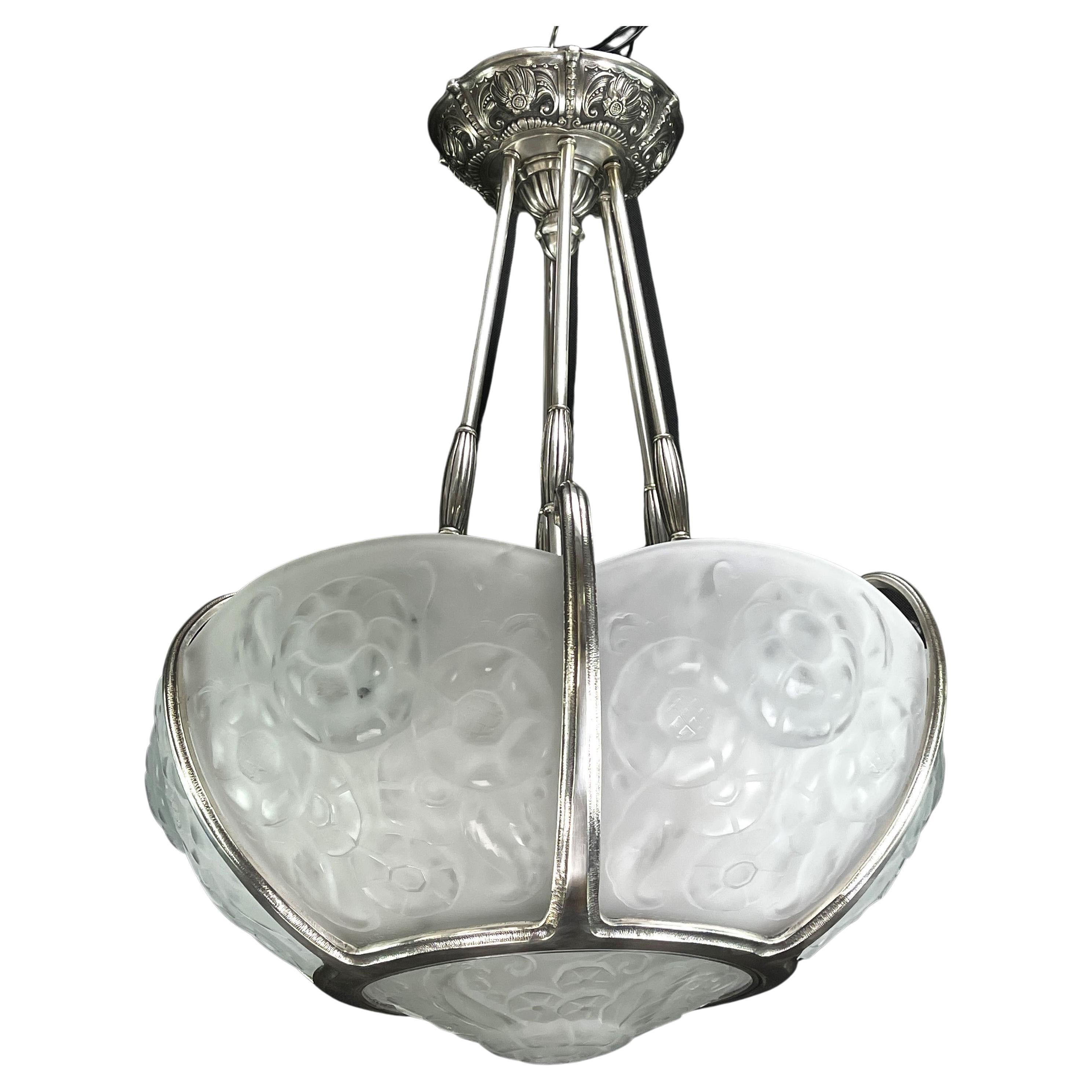 Art Deco Chandelier by Muller Freres, Luneville, Nickel-Plated, 1920s/1930s For Sale