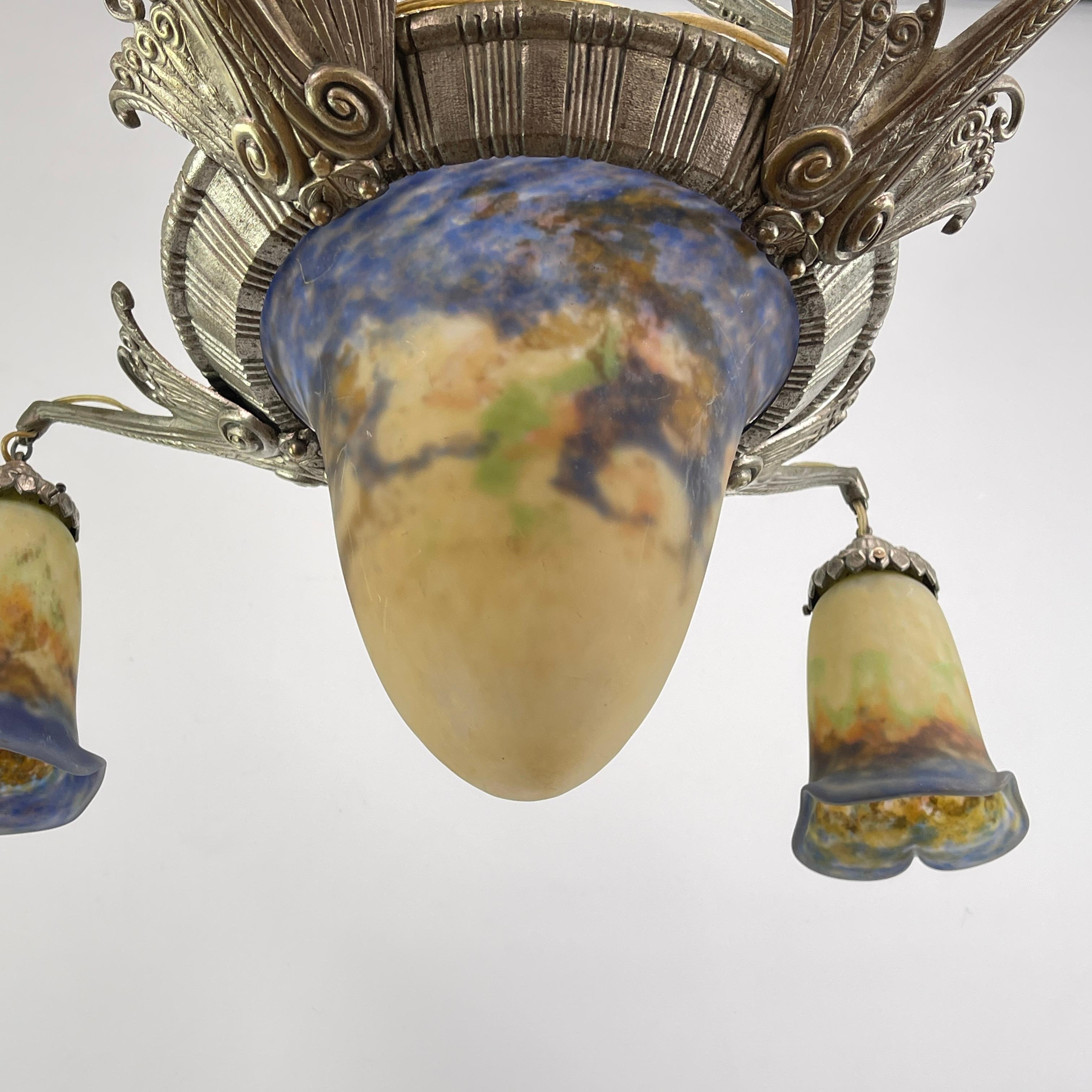 Lampadario Art Déco di Muller Freres Luneville Pate de Verre in bronzo, anni '20 in vendita 5