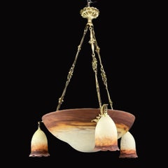 Art Deco Chandelier by Muller Freres Luneville Pate de Verre Bronze, 1920s