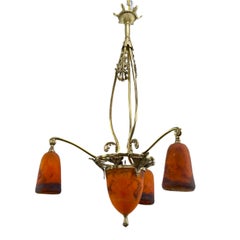 Art Deco Chandelier by Muller Freres Luneville Pate de Verre Bronze, 1920s