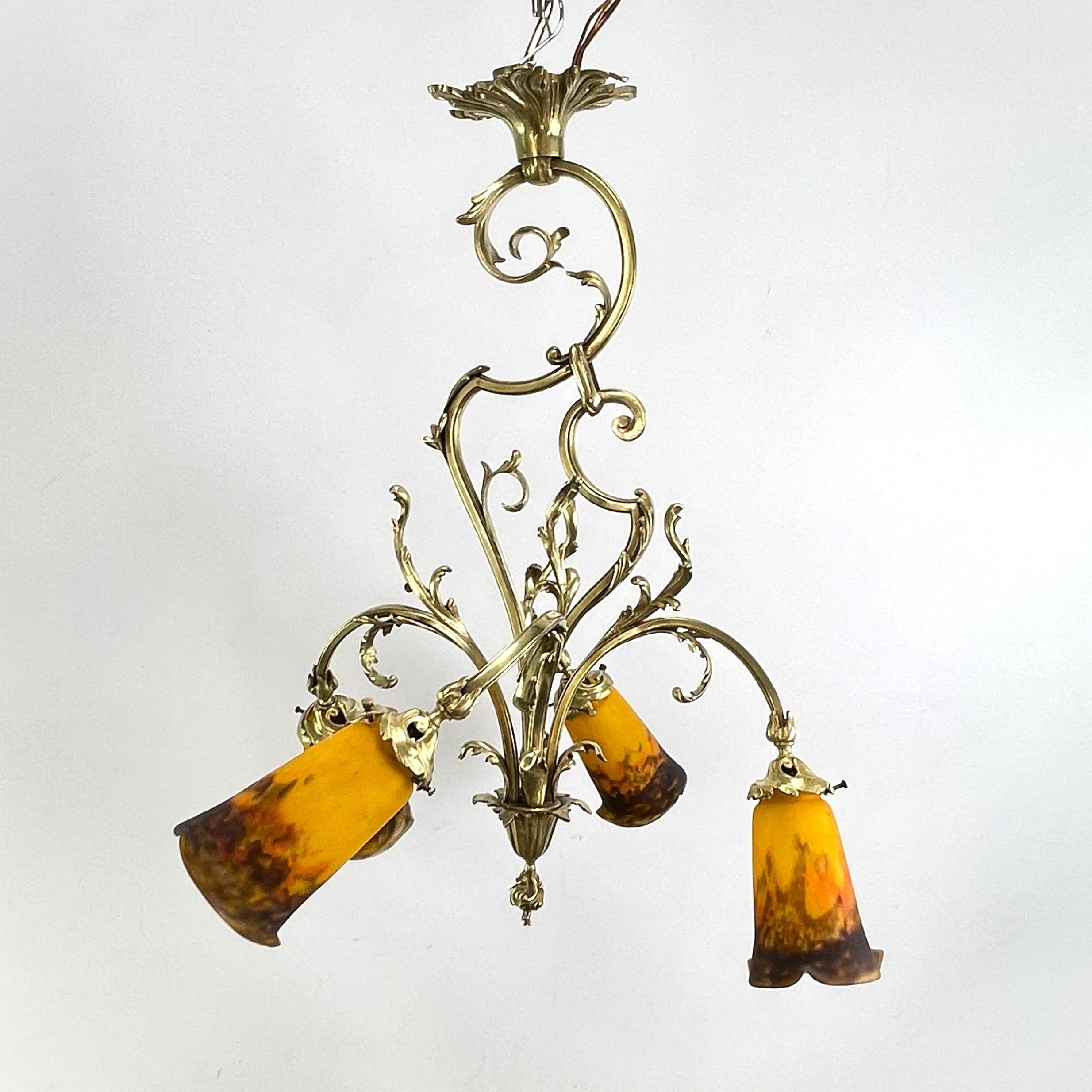 French Art Deco Chandelier by Muller Freres Luneville Pate de Verre Bronze, 1920s For Sale