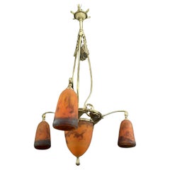 Antique Art Deco Chandelier by Muller Freres Luneville Pate de Verre Bronze, 1920s